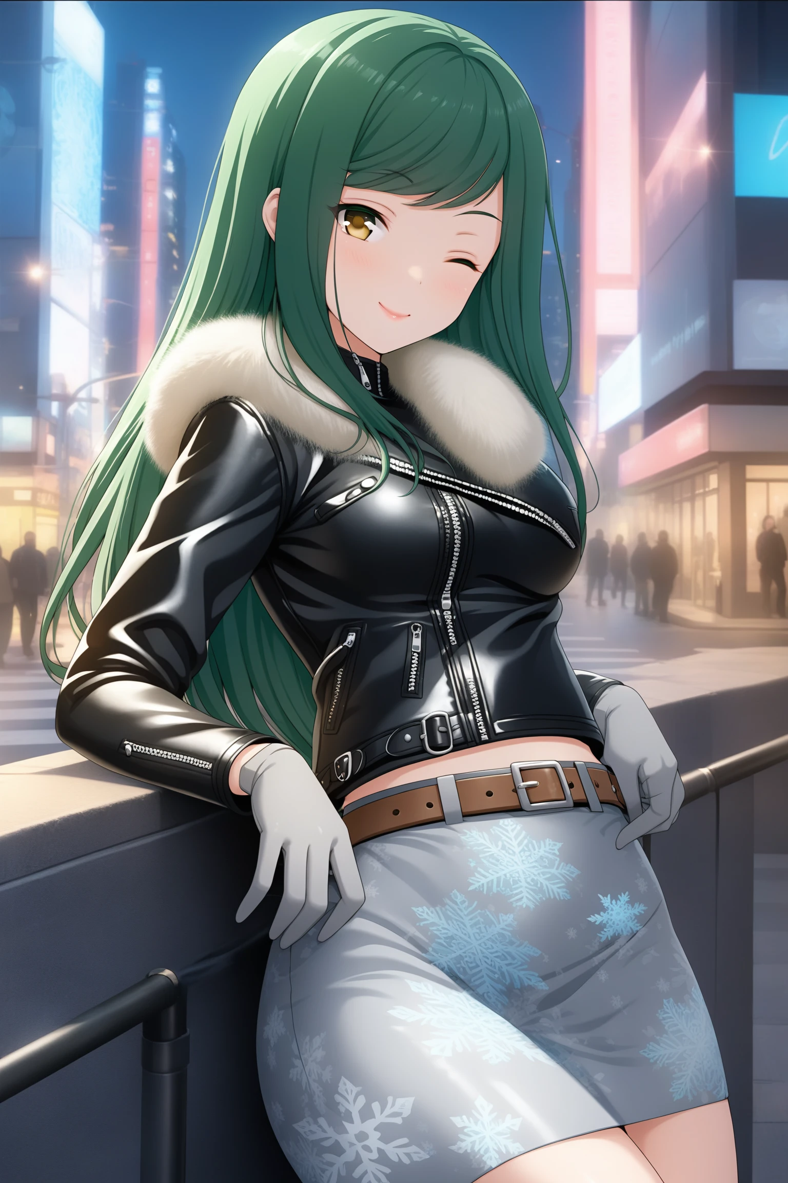 (masterpiece, best quality, very aesthetic, ultra detailed), intricate details, highly detailed background, perfect lightingbest quality, kokonoeshinobu, solo, outdoors, city, green hair, swept bangs, long hair, one eye closed, yellow eyes, medium breasts, black jacket, fur trim, leather jacket, long sleeves, grey gloves, belt, grey skirt, snowflake print, print skirt, smile, closed mouth, ;), pink lips, <lora:Kokonoe-Shinobu:0.7>