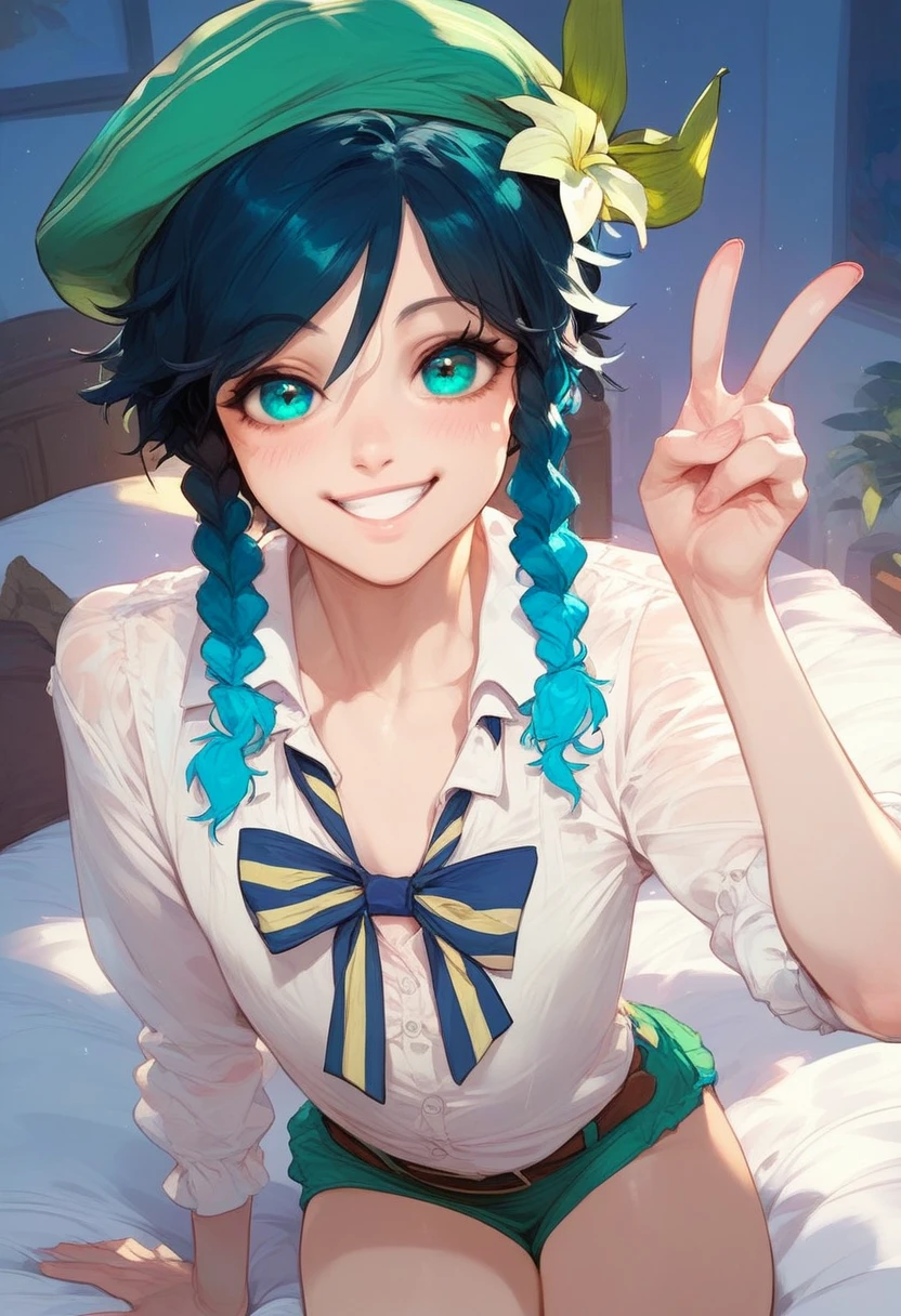 score_9, score_8_up, score_7_up,  posing in bedroom, venti, smiling, venti cosplay, clothes, flat chest, peace signs