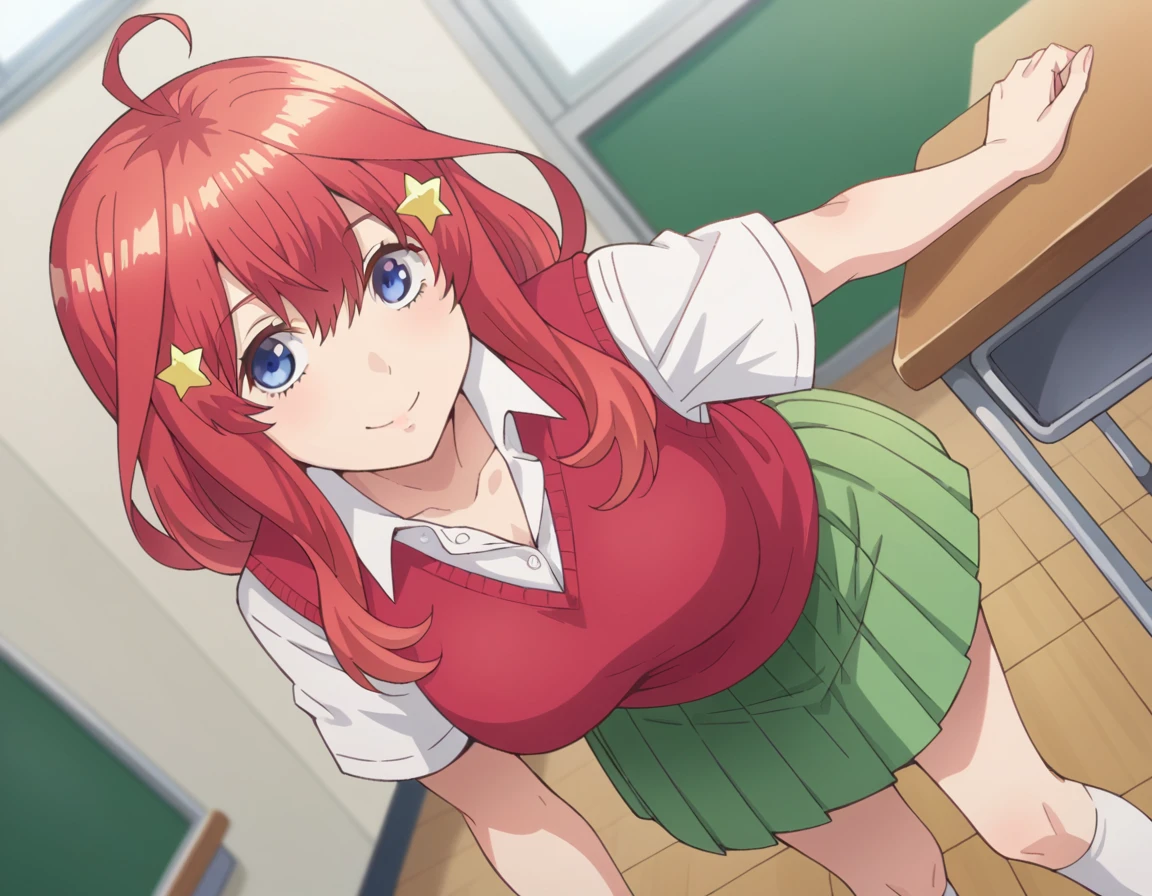 score_9, score_8_up, score_7_up, source_anime,
itsukinakano, <lora:itsuki-nakano-s1-ponyxl-lora-nochekaiser:1>, 
itsuki nakano, bangs, blue eyes, hair between eyes, ahoge, red hair, star \(symbol\), hair ornament, star hair ornament, mature female,
skirt, shirt, school uniform, collarbone, white shirt, short sleeves, pleated skirt, socks, collared shirt, miniskirt, kneehighs, white socks, green skirt, sweater vest, red sweater vest,
indoors, classroom, smile, bent over,
looking at viewer, cowboy shot, dutch angle, solo,