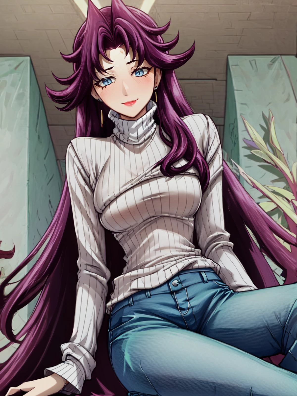 SLE, mksks style, detailed background absurdres, highres, solo, 1girl, <lora:Mrs. Okudaira (Yu-Gi-Oh ZEXAL):1>, okudaira-fujin, (alternate costume, turtleneck sweater, pants:1.6), jeans, denim, sitting, sofa, looking at viewer, seductive smile, blush, house, room, indoors,