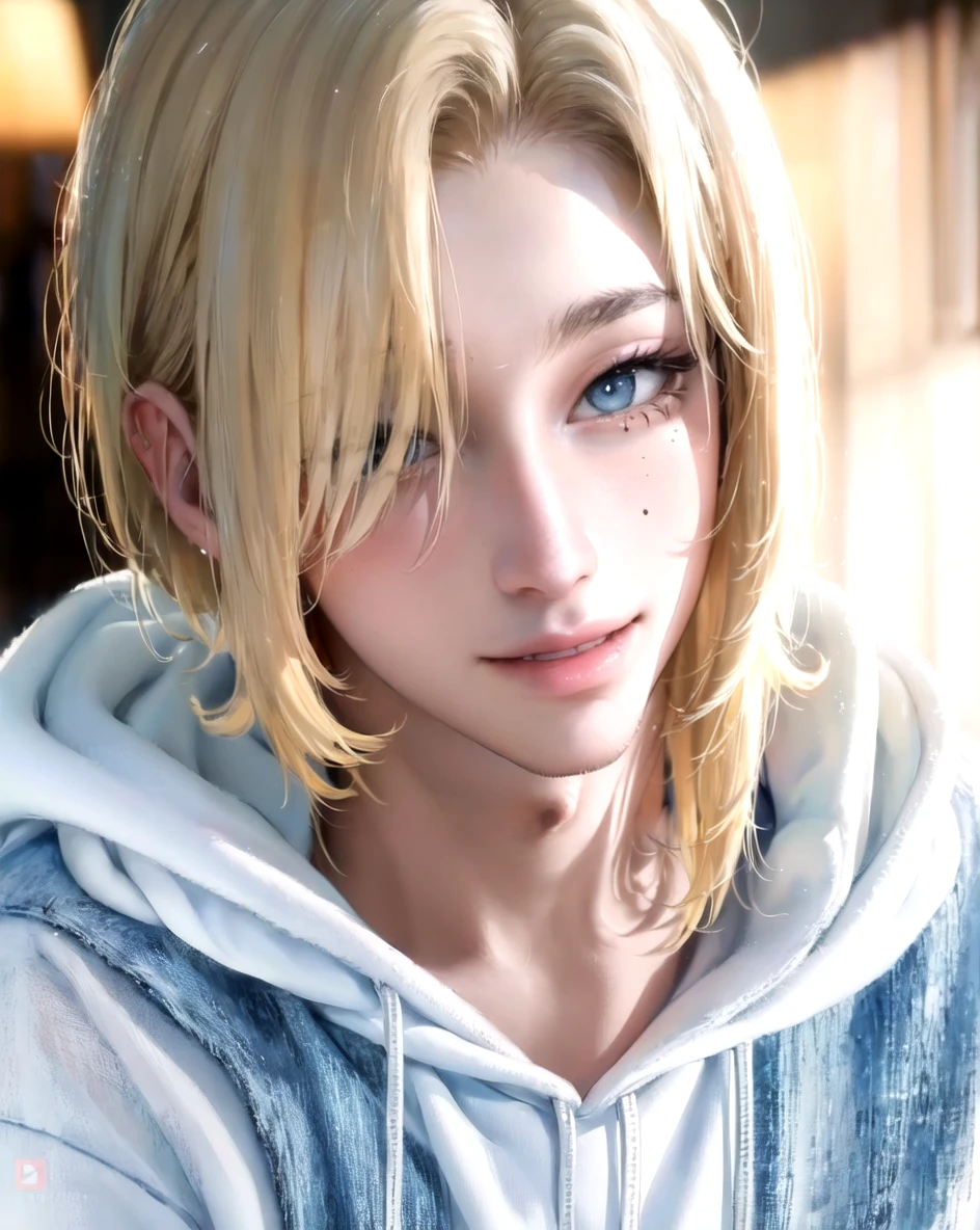 masterpiece, best quality, highly detailed background, perfect lighting, ((masterpiece)), depth of field, cinematic lighting, 1boy, Noah, blonde hair, mole under eye, mole, hoodie, blue eyes, hair over one eye, smile,  jeans, parted bangs, medium hair, <lora:more_details:0.1>,   <lora:sakimichan-v1.5fix-lora-32dim-10ep-novae-newcraft:0.7>, <lora:Noah:1>