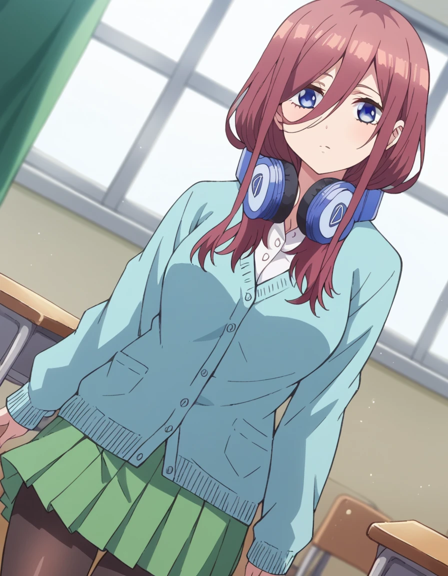 score_9, score_8_up, score_7_up, source_anime,
mikunakano, <lora:miku-nakano-s1-ponyxl-lora-nochekaiser:1>, 
miku nakano, long hair, bangs, blue eyes, brown hair, shirt, hair between eyes, headphones, cardigan, headphones around neck,
skirt, shirt, long sleeves, white shirt, pantyhose, pleated skirt, black pantyhose, cardigan, green skirt, blue cardigan,
indoors, classroom, 
looking at viewer, cowboy shot, dutch angle,