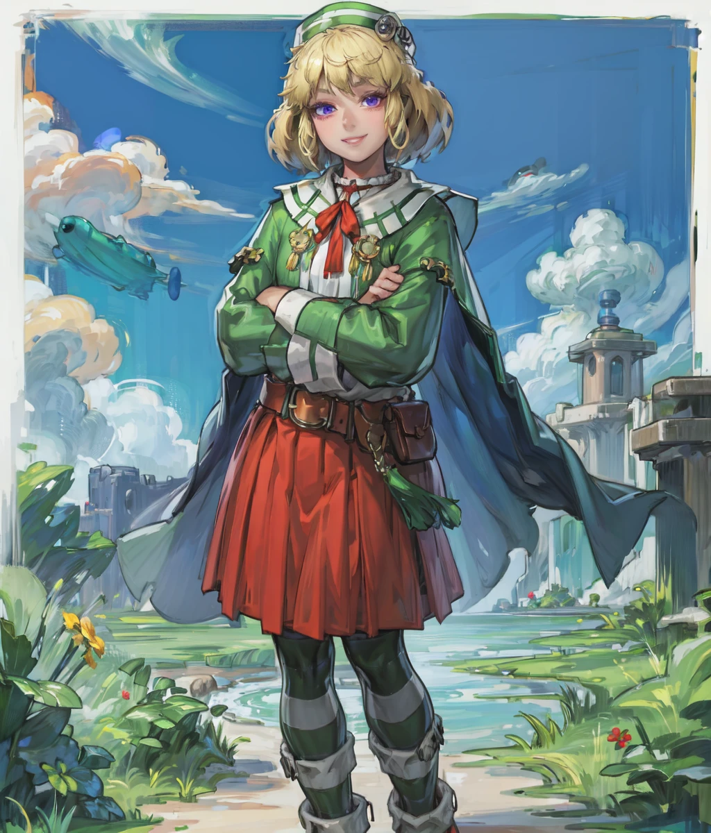 1girl, solo, skirt, blonde hair, full body, purple eyes, red skirt, striped clothes, hat, short hair, brown footwear, pleated skirt, pantyhose, looking at viewer, long sleeves, shoes, belt, white shirt, shirt, thighhighs, crossed arms, smile, green striped thighhighs, green cloak, wide sleeves, cowboy shot, outdoor, valley <lora:carrie-10:0.8>