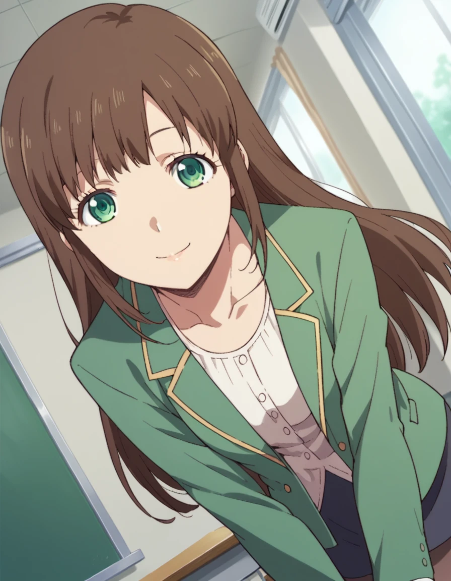 score_9, score_8_up, score_7_up, source_anime,
hinatachibana, <lora:hina-tachibana-s1-ponyxl-lora-nochekaiser:1>,
hina tachibana, long hair, brown hair, green eyes,
skirt, jacket, pantyhose, formal, suit,
indoors, classroom, bent over, smile,
looking at viewer, cowboy shot, dutch angle, solo,