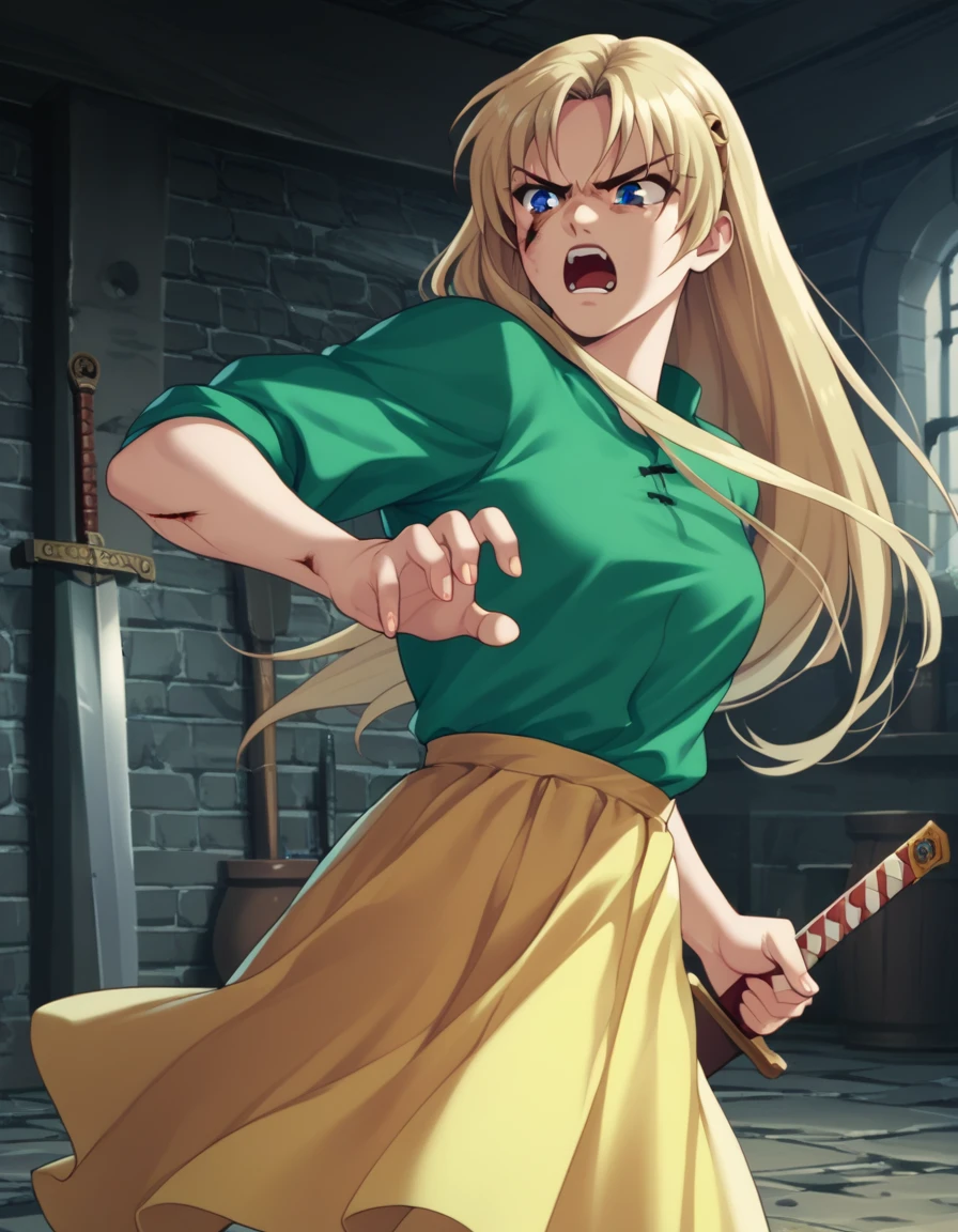 score_9, score_8_up, score_7_up <lora:sharon-ponyxl-000011:1> wwsharon, green shirt, yellow skirt,
1girl, solo, battle, angry, cuts, sword, indoors, dungeon
