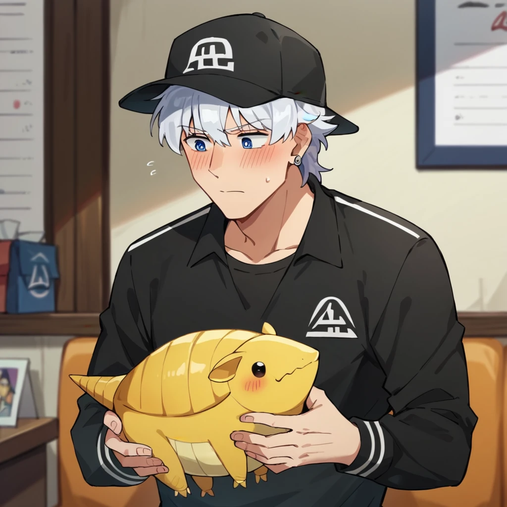 score_9, score_8_up, score_7_up, ronaldoVDNT, 1boy, solo, white hair, blue eyes, hat, earrings, letterman acket, black shirt, holding animal, yellow armadillo, cute, adorable, blush, looking at animal, indoors