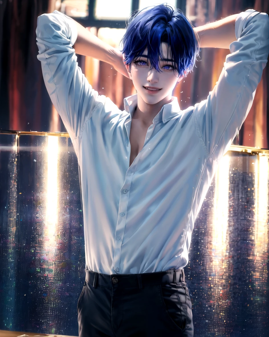 masterpiece, best quality, highly detailed background, perfect lighting, ((masterpiece)), depth of field, cinematic lighting, 1boy, Yejun, male focus, shirt, collared shirt, short hair, looking at viewer, hair between eyes, blue hair, purple eyes, pants, smile, <lora:more_details:0.1>, <lora:sakimichan-v1.5fix-lora-32dim-10ep-novae-newcraft:0.7>, <lora:Yejun:1>, arms up,