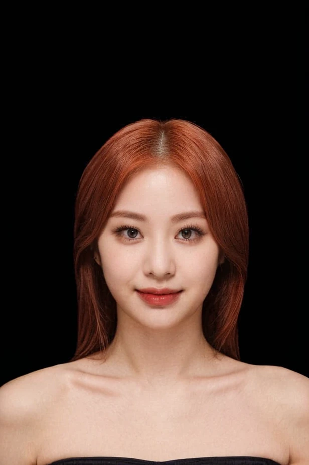 (extremely detailed eyes), korean idol, (((strapless))), raw photo, 1girl, (looking at viewer), upper body, ((full plain black background:1.3)), ((covered_chest:1.6)), bare shoulders, (((bare neck))), bare head, collarbone, ((long red hair:1.3)), ((smirk)), <lora:yunjinlorashyv1_5:1>