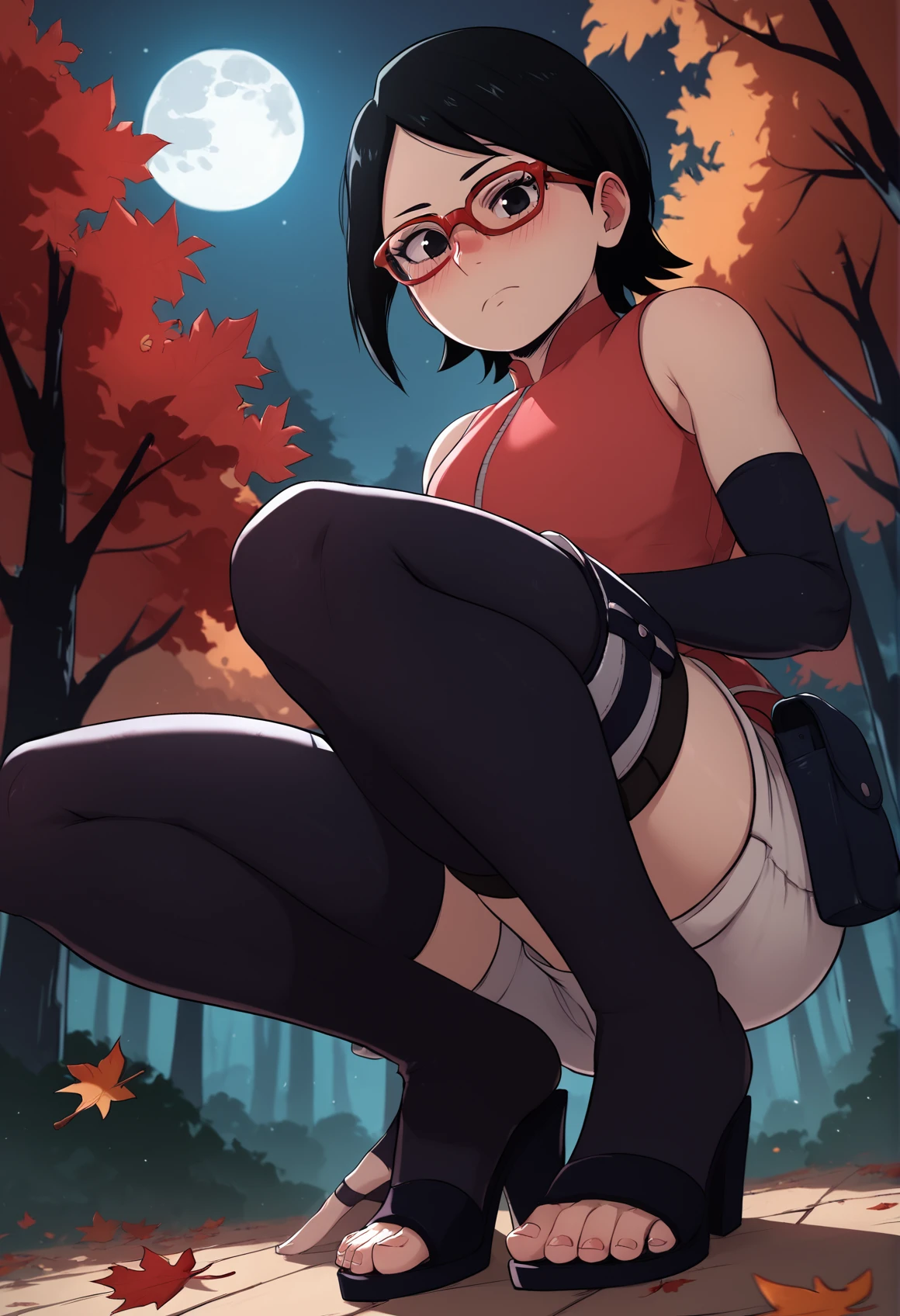 (score_9, score_8_up), score_7_up, zPDXL, Sarada Uchiha, solo, 1girl, black hair, short hair, red-framed eyewear, glasses, black eyes, red dress, sleeveless, elbow gloves, black gloves, fingerless gloves, white shorts, black thighhighs, thigh holster, toeless sandals, squatting, looking at viewer, smur, from below, forest, night, moon, falling leaves, blushing <lora:Sarada_Uchiha_XL_Pony_V2:1>, <lora:GreatM8_Style_XL_Pony_Revision:1.1>, greatm8 style