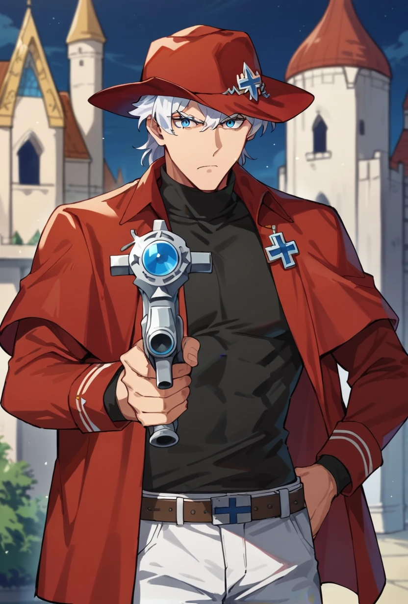 score_9, score_8_up, score_7_up, ronaldoVDNT, 1boy, solo, white hair, blue eyes, red hat, red jacket, black shirt, belt, white pants, holding gun, serious, looking at viewer, castle, night