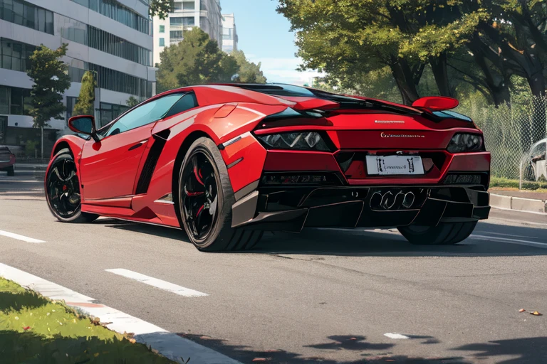 lamborghiniSE2005, a red sports car parked in a parking lot next to a building with a tree in the background and a building in the background with a fence