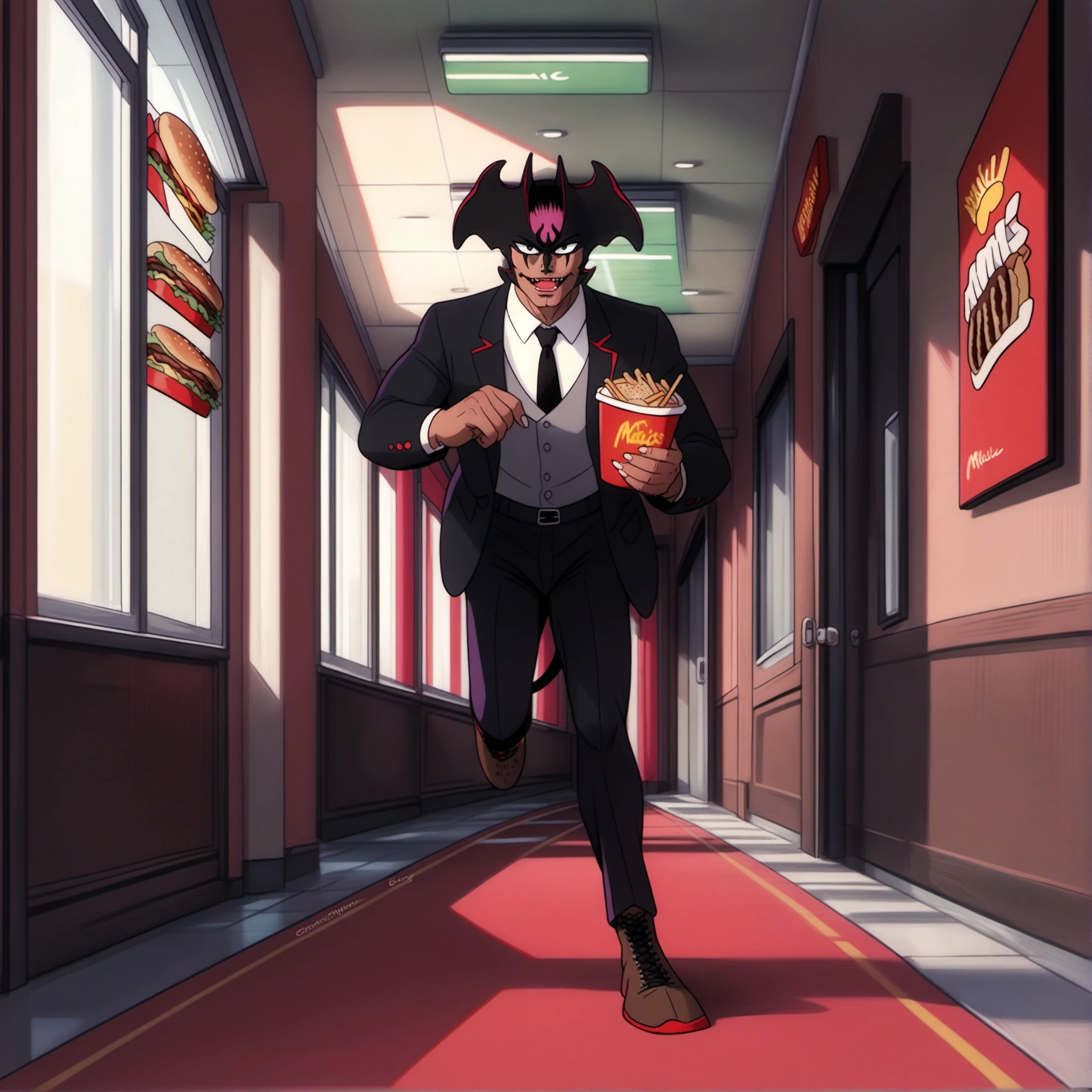 DZVZVZ, score_9, score_8_up, score_7_up, score_6_up, source_anime, solo, 1boy, MCDevil, (indoors:0.8), (MCDonald's:1.5), suit, formal, running towards viewer, (sprinting:1.2), holding hamburger, looking at viewer, cowboy boots, (hallway:0.8)