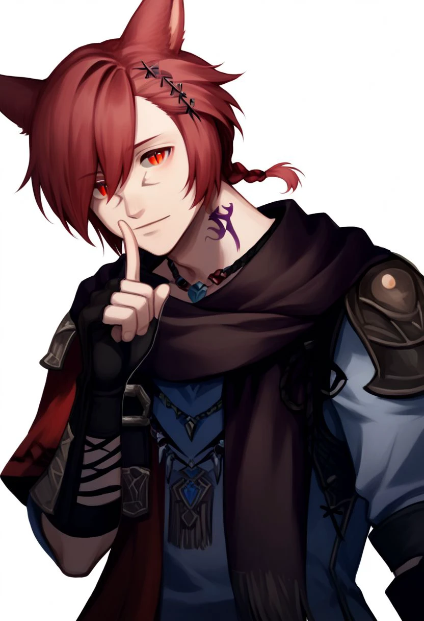 grahatiaffxivdsk, solo, tattoo, red hair, x hair ornament, 1boy, male focus, red eyes, animal ears, gloves, scarf, cat ears, fingerless gloves, white background, hair ornament, miqo'te, looking at viewer, finger to mouth, braid, neck tattoo, pendant, bangs, upper body, short hair, jewelry, simple background, slit pupils, hand up, braided ponytail, black gloves, swept bangs PonyXLV6_Scores