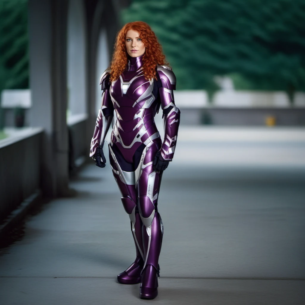 cinematic photo a full body beautifull redhead woman with curly hair in a purple and grey armor <lora:Mark49-1024:0.9> . 35mm photograph, film, bokeh, professional, 4k, highly detailed