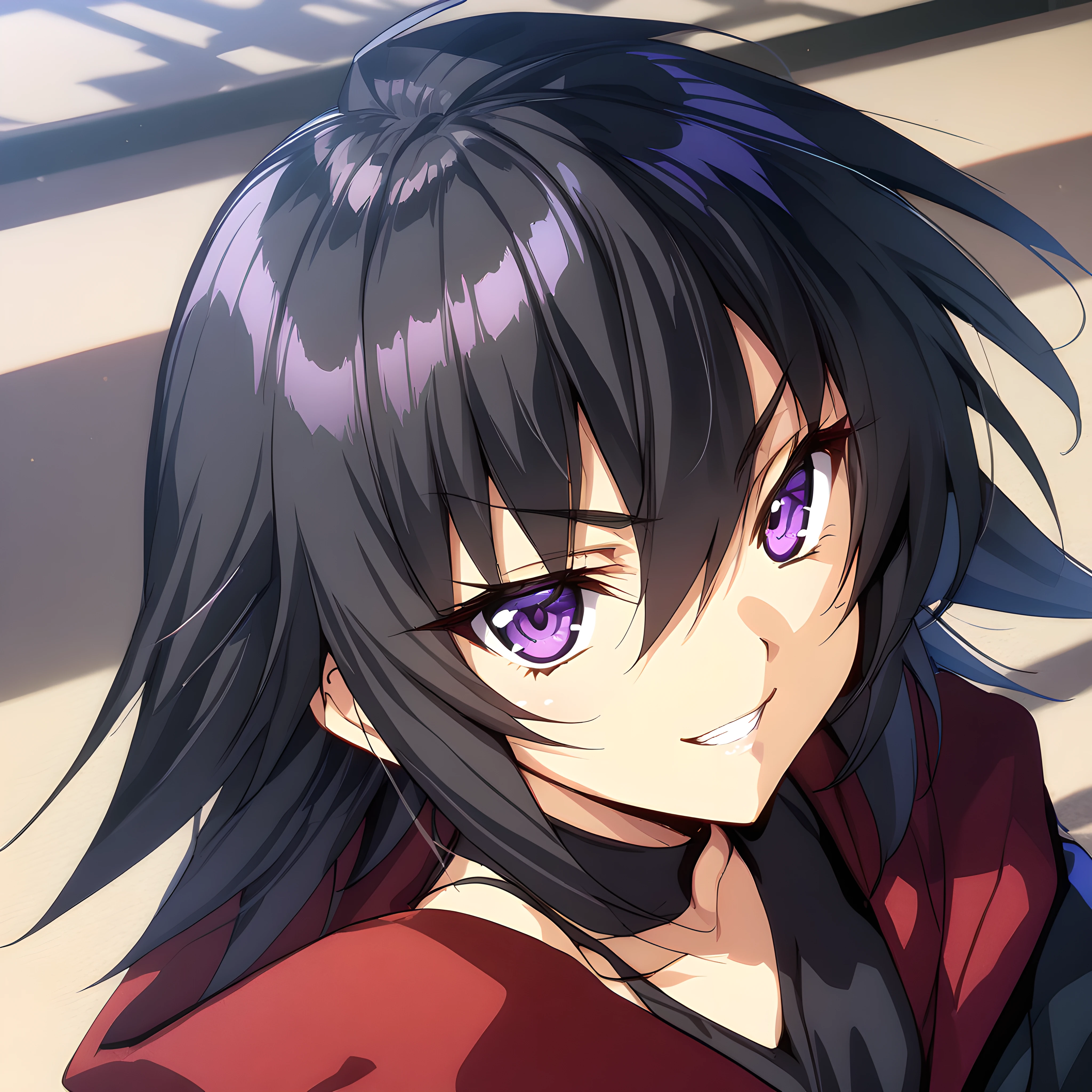 (masterpiece),(best quality),(ultra-detailed),(best illustration),(best shadow),(absurdres),(detailed background),(very aesthetic), akitsuki_karasu artstyle, ayamine kei, 1girl, dimensionstyle, solo, purple eyes, black hair, close-up, teeth, hair between eyes, looking at viewer, bangs, seductive smile, v-shaped eyebrows <lora:XL-Ayamine_Keiå½©å³°_æ§_-_Muv_Luv_Alternativeããã©ã´ãªã«ã¿ãã¤ãã£ã_SDXL_Animagine_XL_3.1v1.5BETA:1>