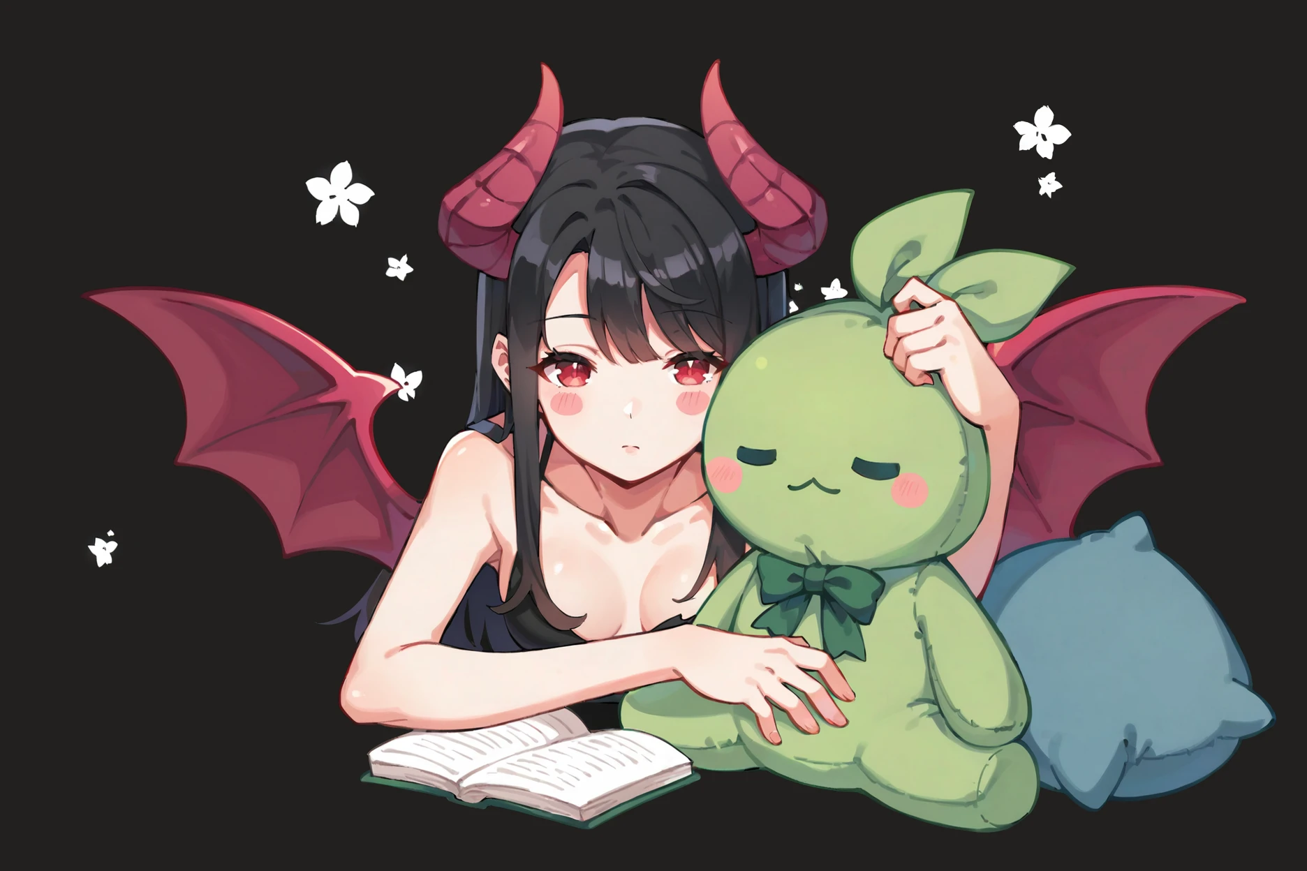 (score_9,score_8_up,score_7_up),black background,source:anime,illustration,
BREAK
Vykas_lostark,1girl,adult girl,demon horns,demon wings,demon girl,medium breast,wearing pyjama with pink pattern,barefoot,black hair,red eyes,medium breast,sleeping,sfw,<lora:Vykas-lostark:0.8>,
BREAK
holding green mokoko-lostark plush,hugging plush,blush stickers,<lora:Mokoko-lostark:0.8>,