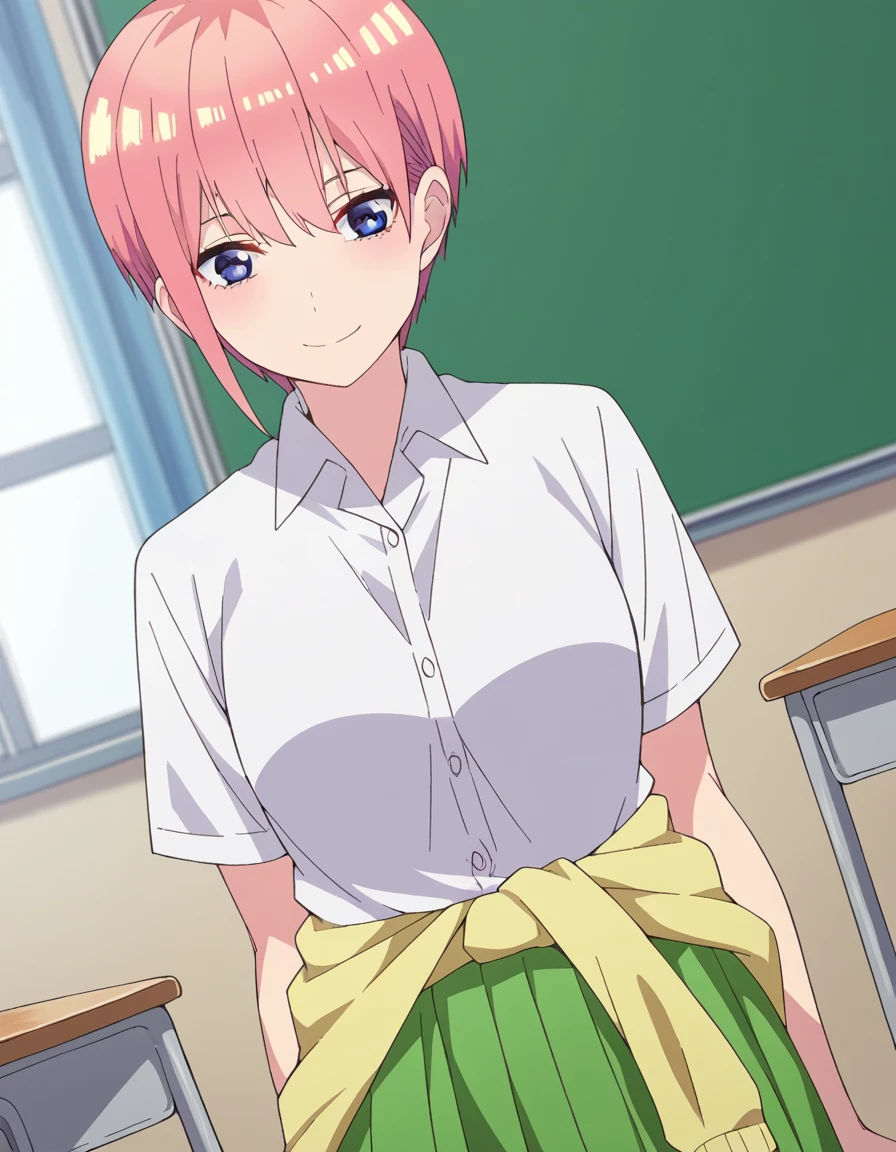 score_9, score_8_up, score_7_up, source_anime,
ichikanakano, <lora:ichika-nakano-s2-ponyxl-lora-nochekaiser:1>, 
ichika nakano, short hair, bangs, blue eyes, hair between eyes, pink hair, pixie cut, smile, mature female,
skirt, shirt, school uniform, white shirt, short sleeves, pleated skirt, shoes, socks, collared shirt, black footwear, sweater, white socks, green skirt, loafers, clothes around waist,
indoors, classroom, smile,
looking at viewer, cowboy shot, solo, dutch angle,