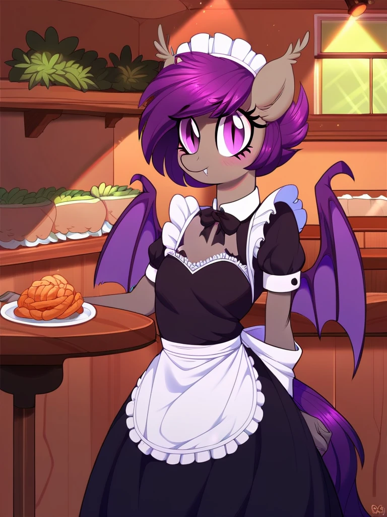 score_9, score_8_up, score_7_up, score_6_up, score_5_up, score_4_up, source_pony, anthro, Nolegs_PonyXL, 1girl, solo, (bat pony, gray skin, purple eyes, short purple hair, purple tail, small breasts), (maid uniform), cafe, crowd, detailed face, detailed eyes, crisp, detailed background, <lora:nolegs-v1:1>