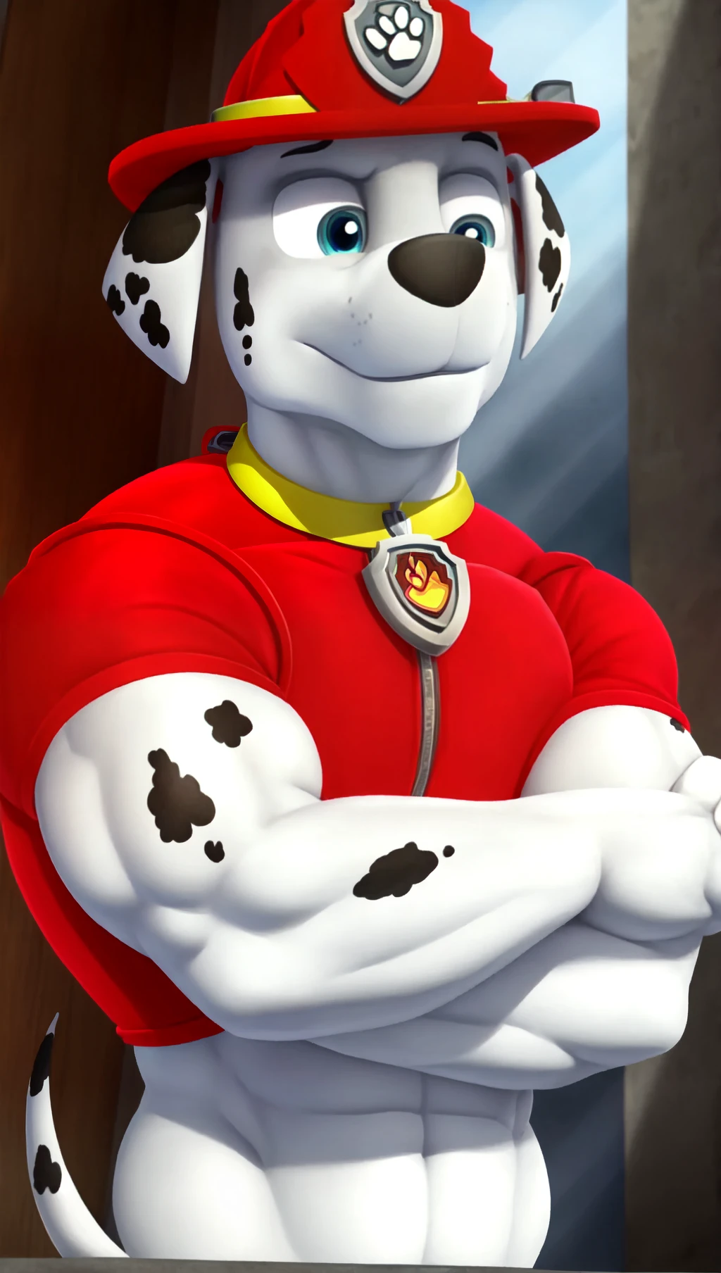 <lora:C5436A14B0:1>, giant, alpha male, perfect body, big, sexy, male Dalmatian, firefighter hat, firefighter shirt, bottomless, dog tag, big shoulders, big arms, big perfect body, Marshall (paw patrol),  smile, in shock  of how big he is, blue eyes,  looking at viewer,muscular thighs, humid, dramatic lighting, ultra-detailed, photo realism, Cinestill, detailed eye, looking at the viewer, super buff bodybuilder body,  VFX, Cinematic Pose, Sharp Focus, Intricate Details, Masterpiece, Best Quality, High Resolution, 4k.