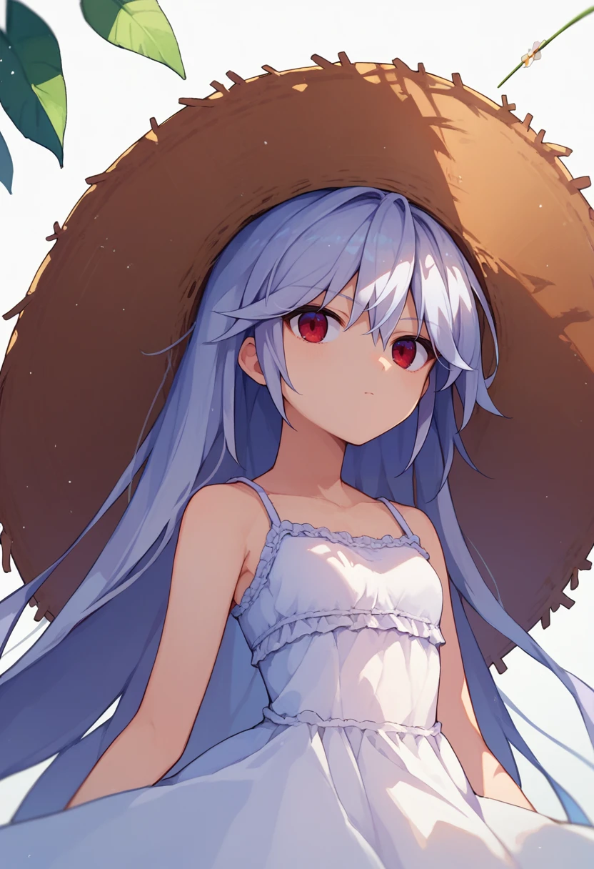 score_9, score_8_up, score_7_up, 1girl, Kazuki, silver hair, long hair, red eyes, white sundress, straw hat, <lora:Kazuki DORAV2-000009:1>