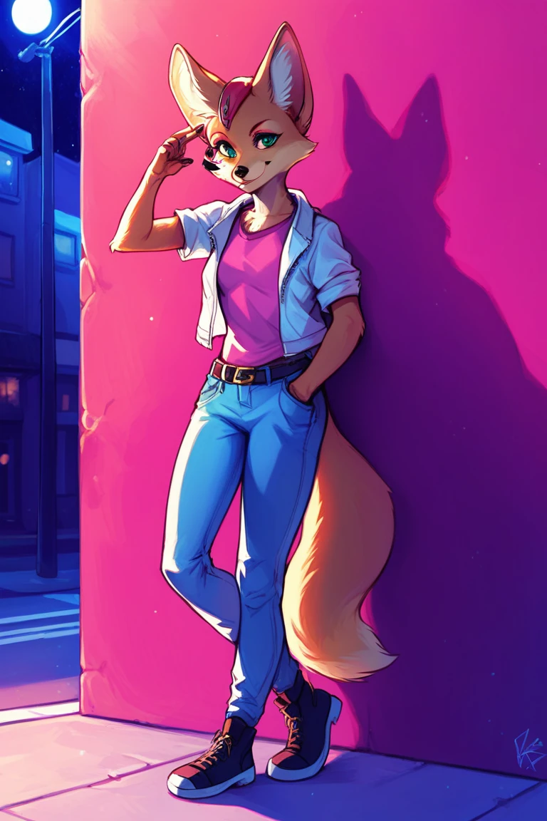 score_9, score_8_up, score_7_up, 1girl, solo, Fara phoenix, furry, night time, street, leaning on wall, casual clothes, <lora:Fara_Phoenix_Starfox:1>