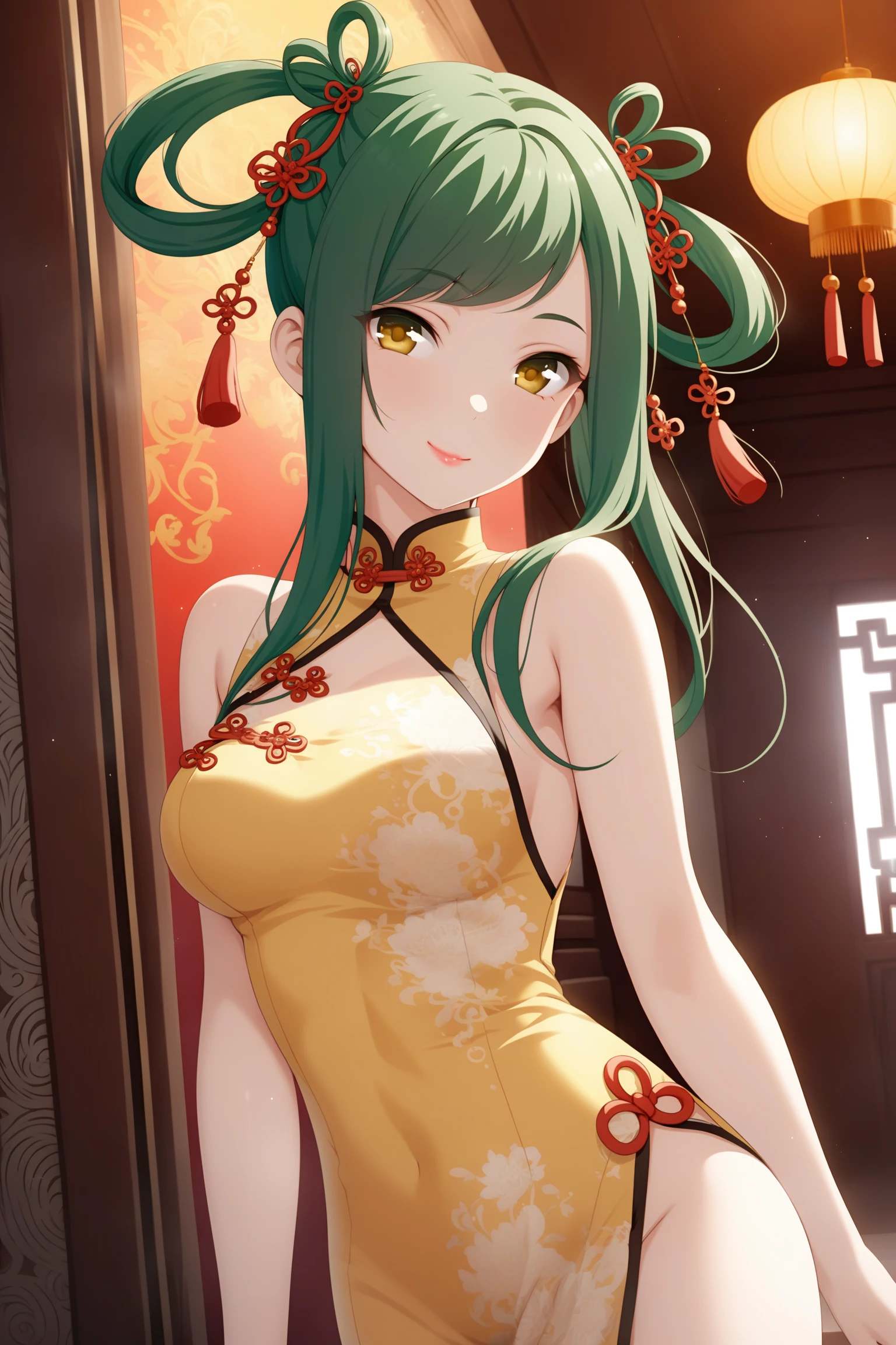 (masterpiece, best quality, very aesthetic, ultra detailed), intricate details, highly detailed background, perfect lightingbest quality, kokonoeshinobu, solo, indoors, green hair, hair rings, twintails, swept bangs, long hair, yellow eyes, medium breasts, yellow dress, china dress, chinese clothes, smile, closed mouth, :), pink lips, <lora:Kokonoe-Shinobu:0.7>