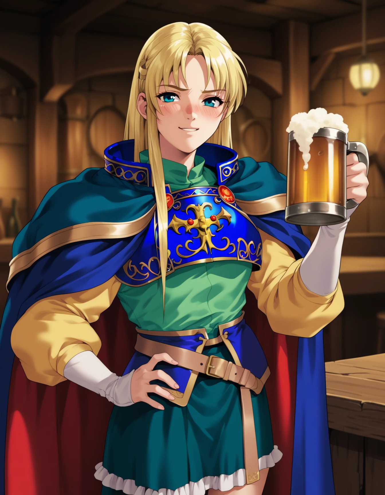 score_9, score_8_up, score_7_up <lora:sharon-ponyxl-000011:1> wwsharon, breastplate, blue cape, red cape, two-sided cape, green shirt, yellow sleeves, green skirt,
1girl, solo, beer mug, drunk, tavern
