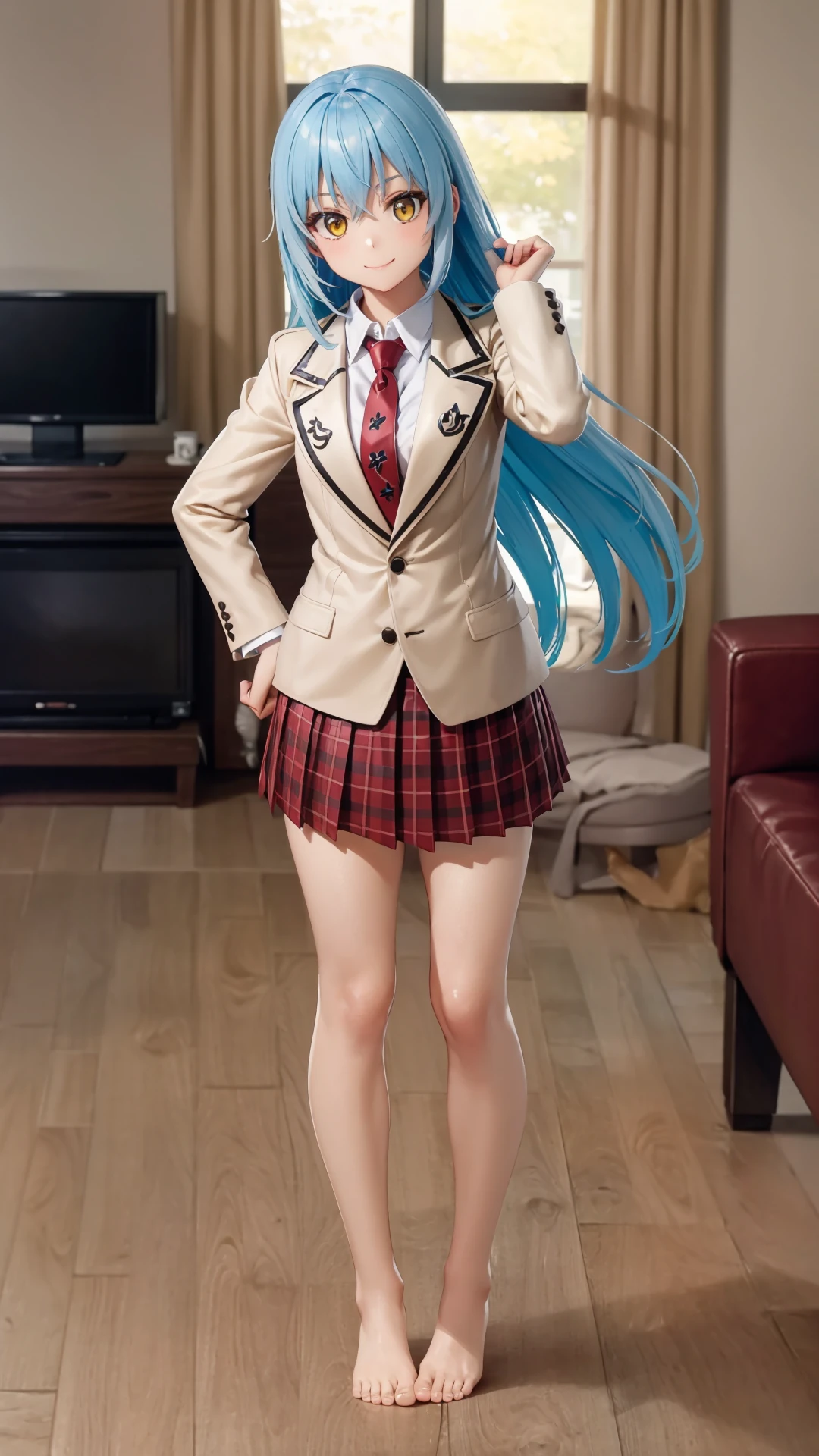 (masterpiece, best quality),ray tracing,absurdres, HDR,rimuru tempest, campus, skirt, 1girl,large breasts,  blue hair, school uniform, plaid skirt, necktie, long hair, smile, plaid, yellow eyes, , jacket, pleated skirt, full body, , , , standing, blazer, looking at viewer, solo, , hair between eyes, ,red necktie, shirt, bangs, barefoot, red skirt, white shirt, collared shirt, closed mouth,  , long sleeves, miniskirt,indoors, living room,<lora:rimuru campus_v2:0.7>