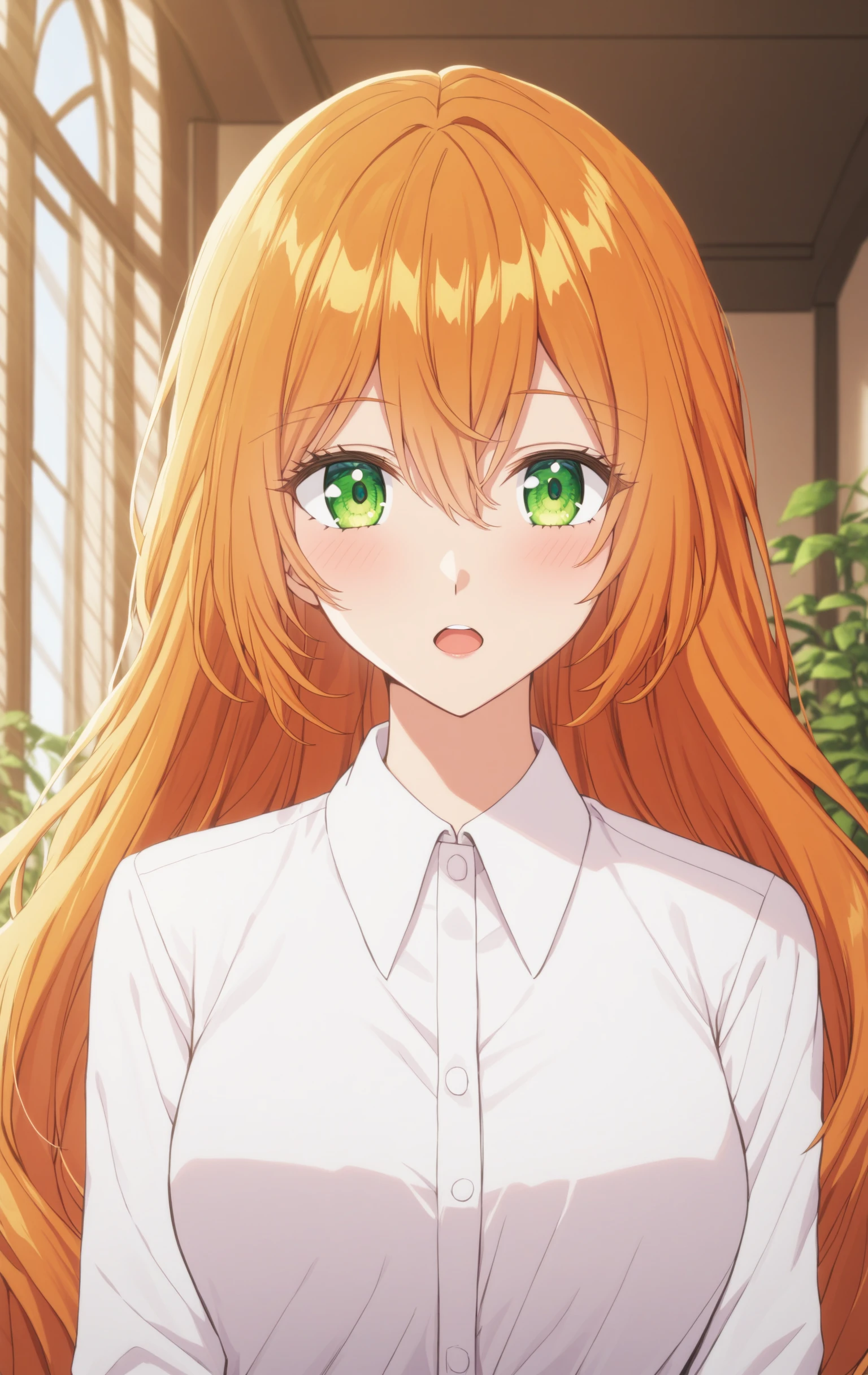 sysdeep_raeliana, 1girl, solo, long_hair, breasts, looking_at_viewer, open_mouth, shirt, large_breasts, hair_between_eyes, green_eyes, white_shirt, upper_body, flower, collared_shirt, indoors, orange_hair, <lora:Raeliana Mcmillan - [Why Raeliana Ended Up at the Dukes Mansion] - SDXL Version 1:1>