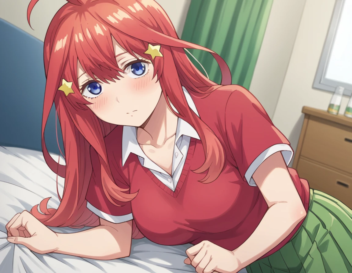 score_9, score_8_up, score_7_up, source_anime,
itsukinakano, <lora:itsuki-nakano-s1-ponyxl-lora-nochekaiser:1>,
itsuki nakano, bangs, blue eyes, hair between eyes, ahoge, red hair, star \(symbol\), hair ornament, star hair ornament, mature female,
skirt, shirt, school uniform, collarbone, white shirt, short sleeves, pleated skirt, socks, collared shirt, miniskirt, kneehighs, white socks, green skirt, sweater vest, red sweater vest,
indoors, bed, bed room, on side, blush, drunk,
looking at viewer, cowboy shot, dutch angle, solo,