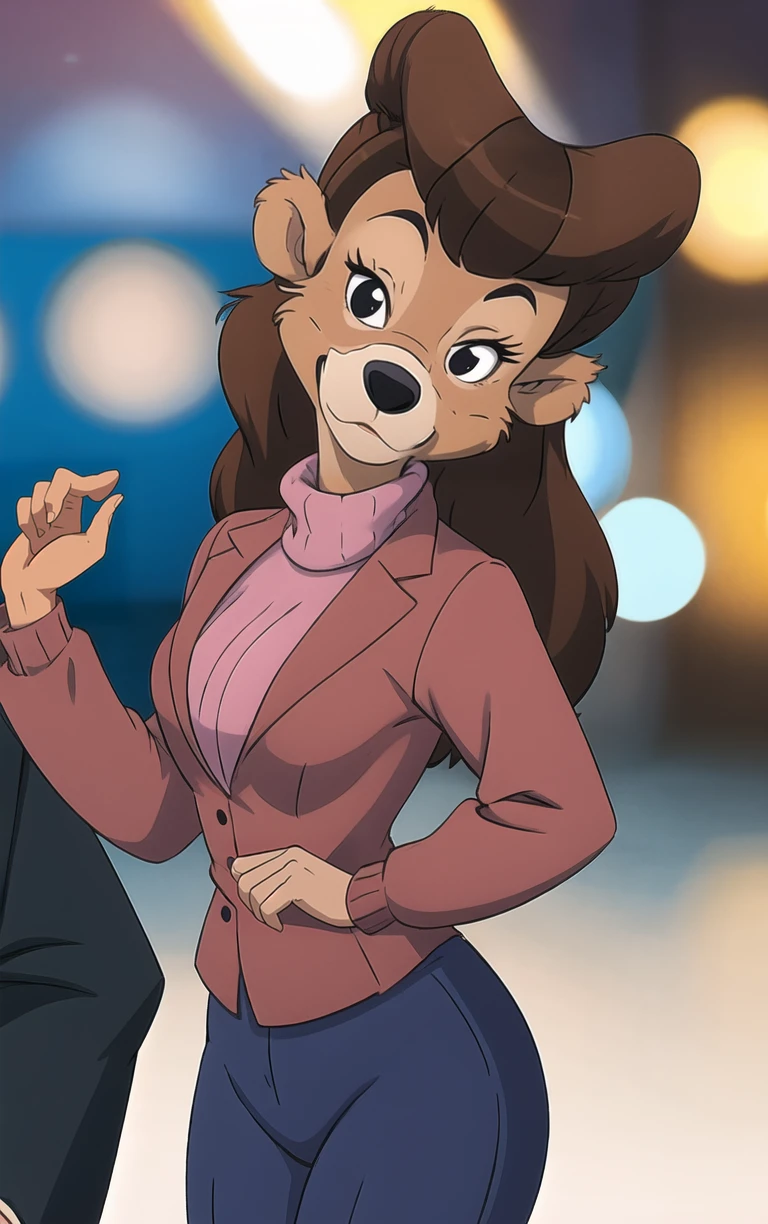 Dress_TaleSpin_Rebecca_ownwaifu,
1girl, animal ears, furry female, black eyes, furry, brown hair, long hair, body fur, brown fur, orange fur, medium breasts, makeup,
long sleeves, sweater, pink jacket, turtleneck, blue pants, formal,
<lora:CARTOON_TaleSpin_Rebecca_ownwaifu:0.7> ,
((masterpiece)),((best quality)),(highres, absurdres), original, bokeh, depth_of_field, scenery, spotlight, focused, looking at viewer, solo, cowboy shot,