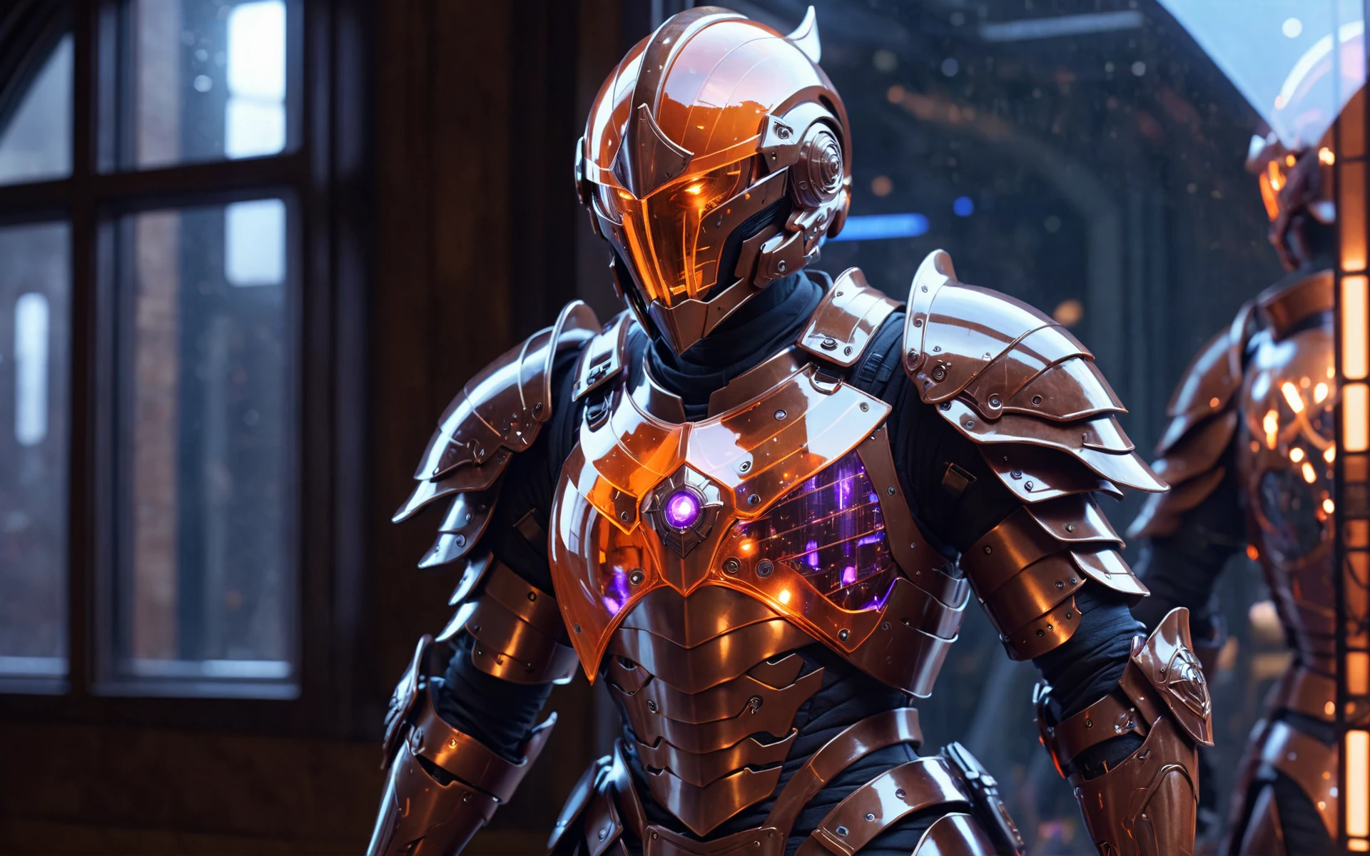 cybrk, a scifi warrior in orange brown transparent armor with purpur lights watching through a window, cinematic shot, highly detailed, many details, exciting <lora:cybrk-knight:1.3>