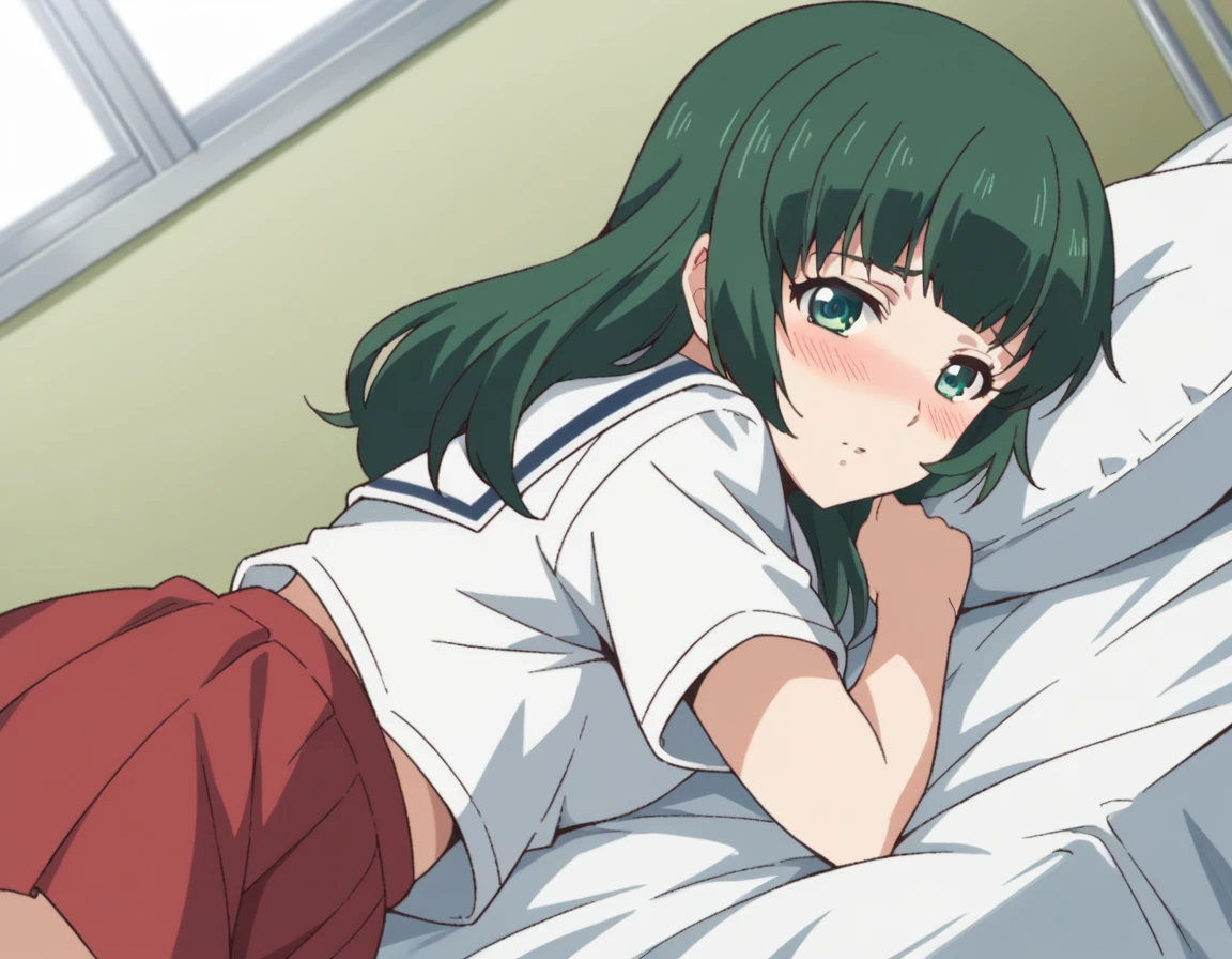score_9, score_8_up, score_7_up, source_anime,
miuashihara, <lora:miu-ashihara-s1-ponyxl-lora-nochekaiser:1>,
miu ashihara, long hair, bangs, green eyes, green hair,
shirt, school uniform, white shirt, short sleeves, serafuku, sailor collar, skirt, red skirt,
indoors, bed, bed room, on side, blush, drunk,
looking at viewer, cowboy shot, dutch angle, solo,
