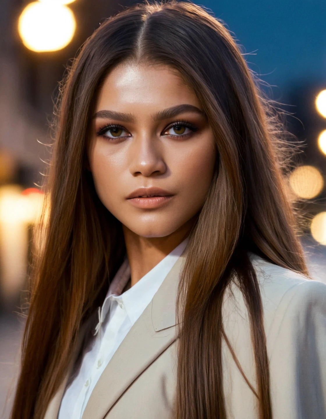 high resolution photo of znd woman,looking at camera,eye make-up,long straight hair,close-up,street background,volumetric lighting,cinematic,masterpiece