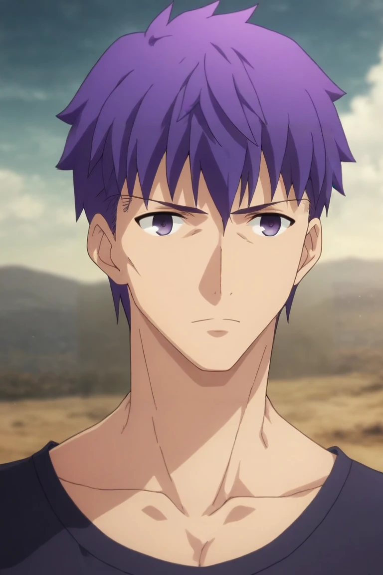 score_9, score_8_up, score_7_up, source_anime, rating_safe, , anime screencap, , official style, , upper body, depth of field, 1boy, male focus, peach eyes, purple hair,, solo, Post-apocalyptic, <lora:fsn_ubw_style_pony:0.78>, fsn_ubw_style, <lora:sdxl_lightning_8step_lora:1>