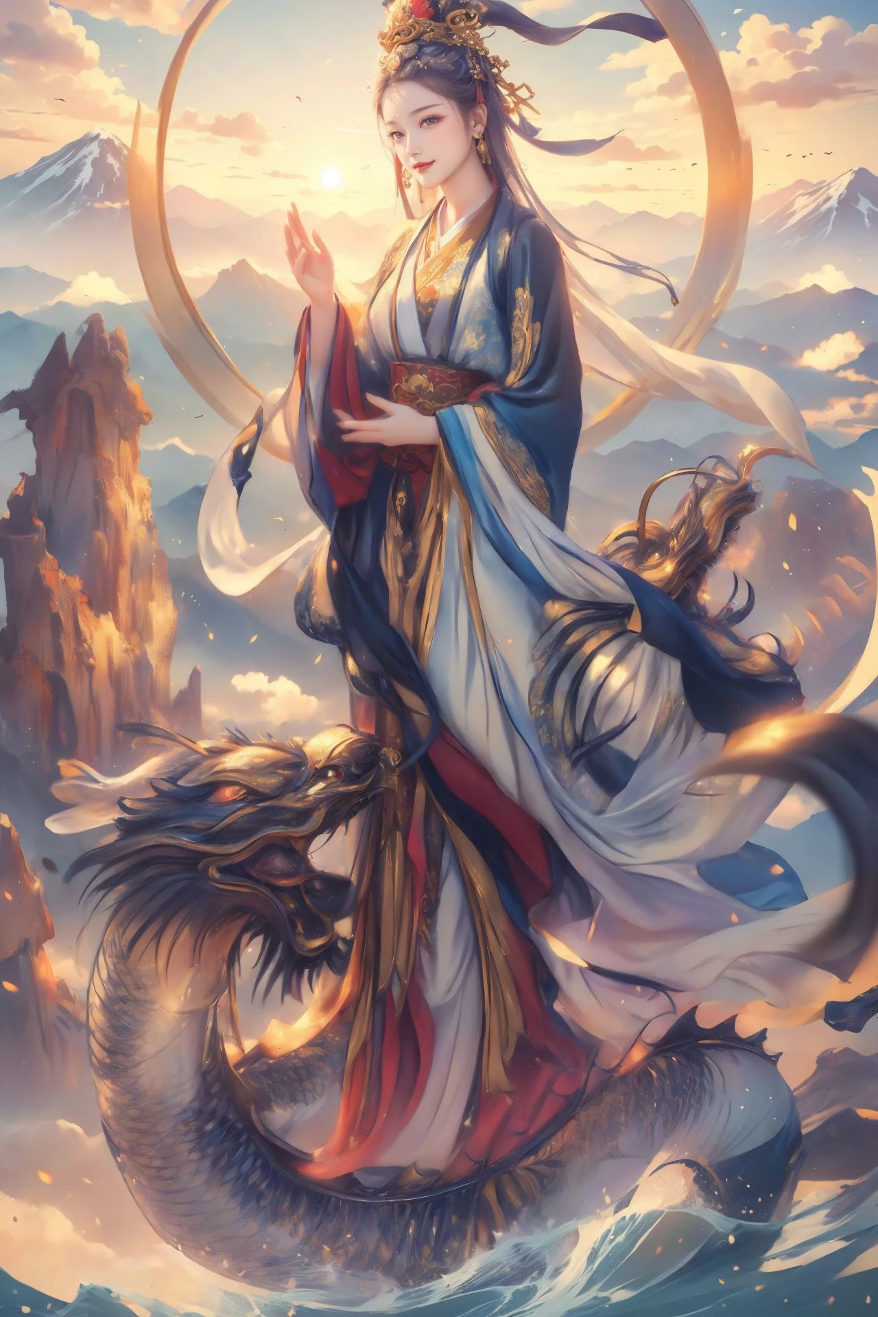 ((best quality)), ((masterpiece)),((multiple girls,smirk)),
<lora:pasguanv1:0.389>,(guanyin),hanfu,
mountainous horizon,eastern dragon,