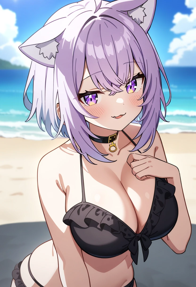 1girl, nekomata okayu, hololive, anime coloring,
short hair, purple hair, purple eyes, bikini, frills, cat ears, seductive smile, large breasts,
beach,
masterpiece, best quality, very aesthetic, absurdres,