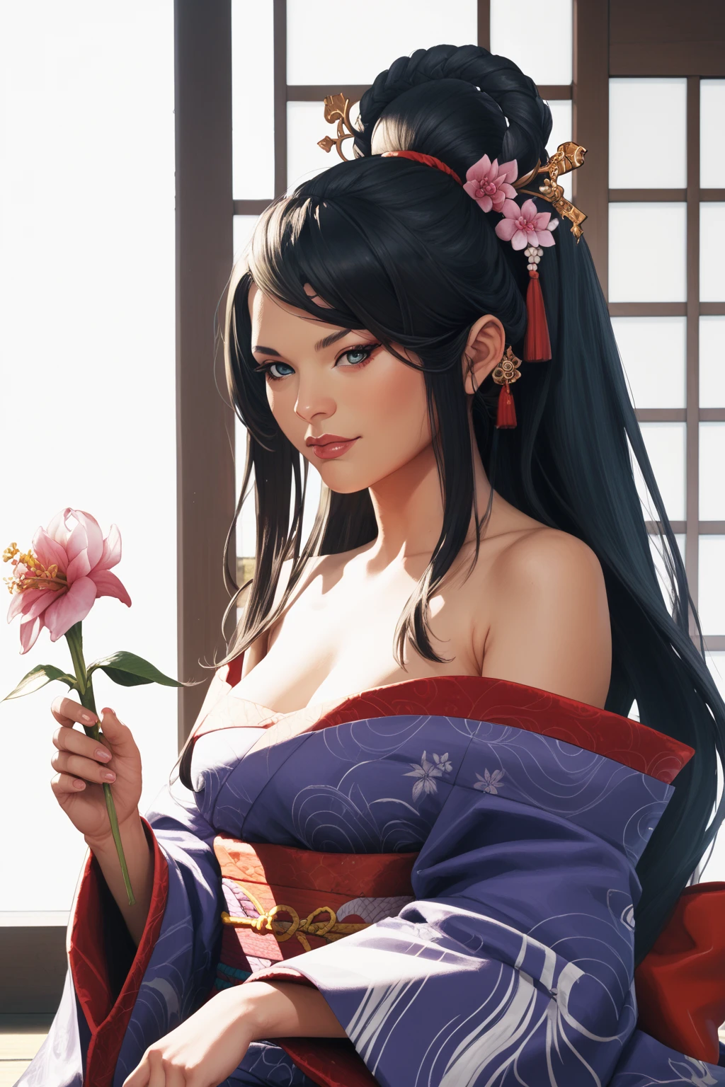 score_9, score_8_up, score_7_up, masterpiece, high quality
<lora:OnibaPonyLora:0.8> 1girl, long hair, single hair bun, japanese clothes, ponytail,hair ornament, hair flower, in a japanese pagoda, off shoulder, autum, holding flower