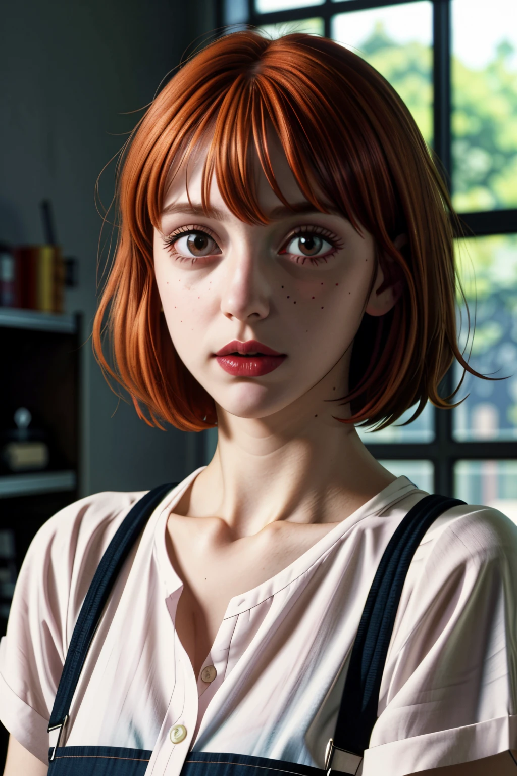 (best quality, masterpiece, beautiful and aesthetic:1.2, colorful, dynamic angle)((Full shot)), science fiction, extreme detailed, colorful,35mm, bokeh, 9:16, (intricate details, hyperdetailed:1.15), detailed, sunlight passing through hair (high contrast, official art, extreme detailed, highest detailed), 1girl, solo, realistic, shirt, blue eyes, looking at viewer, lips, red hair, parted lips, short hair, upper body, striped shirt, white shirt, suspenders, short sleeves, blurry, nose, bangs, orange hair, indoors, blunt bangs, green eyes, blurry background, portrait, cartoon