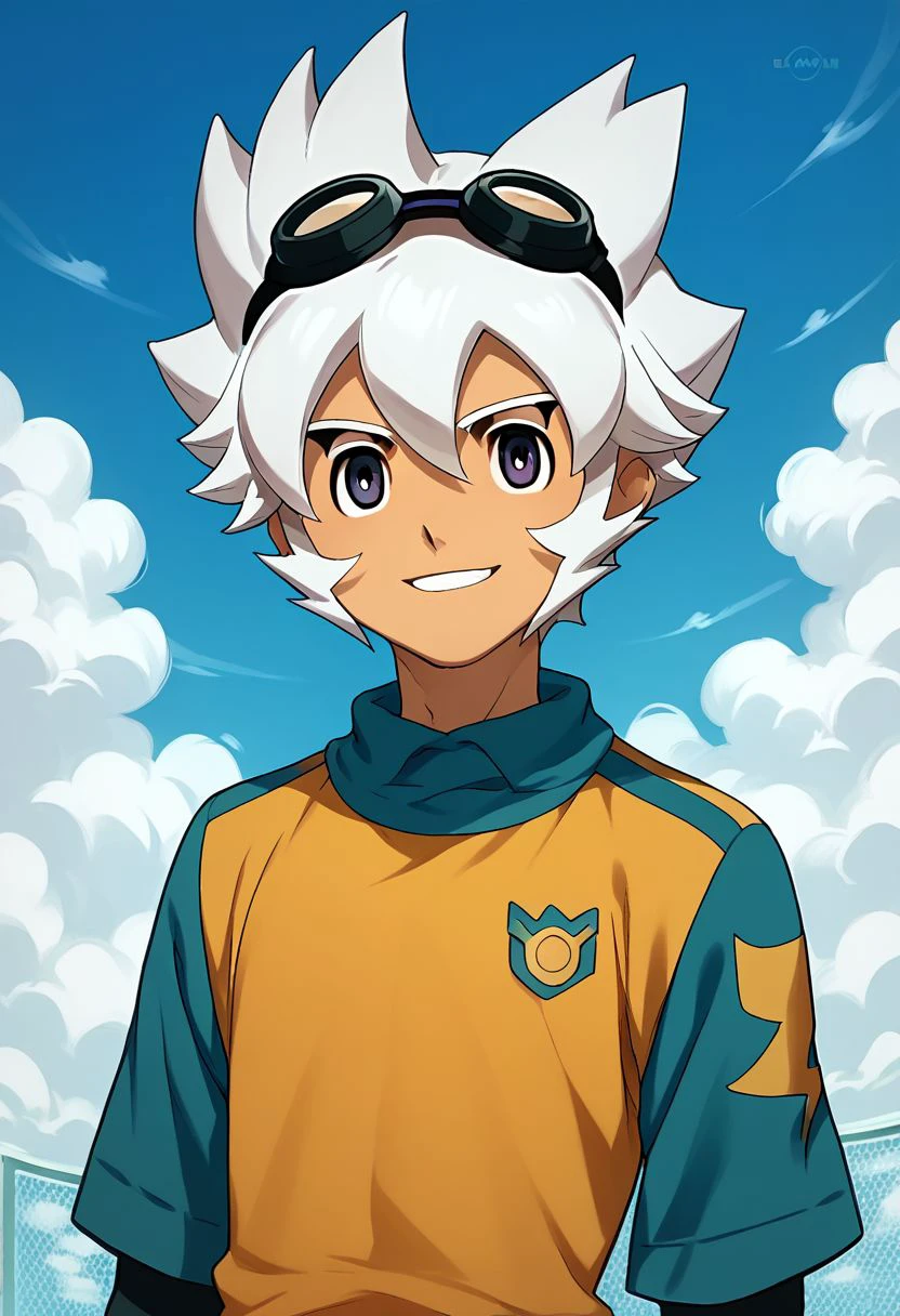 score_9, score_8_up, score_7_up, source_anime, highly detailed, 1boy, solo, male_focus, skinny, slender, cute,
male focus, 1boy, solo, goggles, soccer uniform, cloud, goggles on head, sportswear, sky, day, upper body, white hair, smile, blue sky,