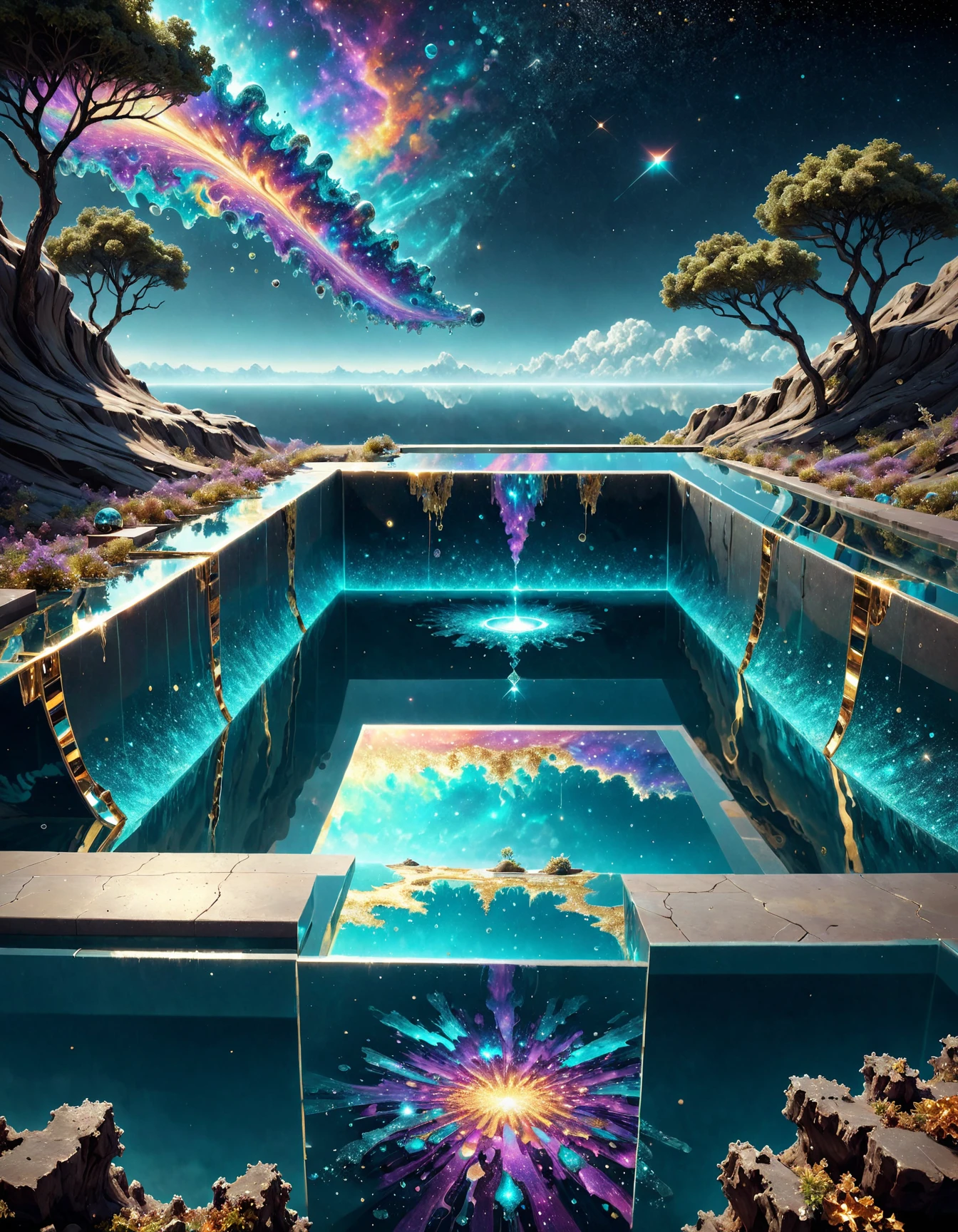 masterpiece,highres,realistic,a landscape,
still life,infinity pools,infinity pool,glitter,TimeCollapseX, space nead nead, lachos, ethereal decay, space nead, space, fractal, highly detailed,8k, digital painting, trending on artstation, concept art, sharp focus, illustration, golden ratio, cinematic lighting, man multicolored glass<lora:TimeCollapseX_epoch_10:1>