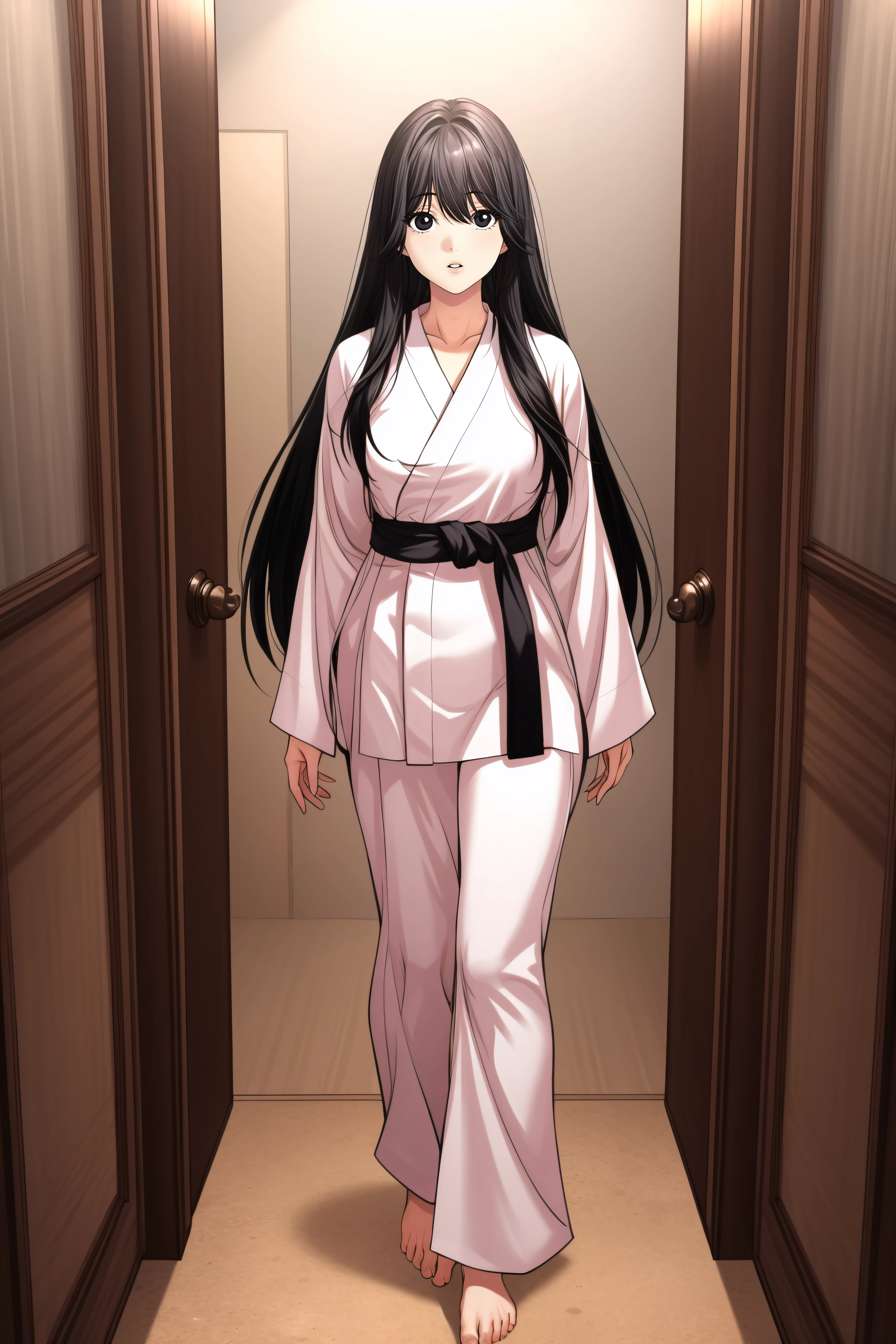 (masterpiece, best quality), <lora:kim sujin-lora-Faxtron:0.8> kim sujin, black eyes, black hair, long hair, medium breasts, white judogi, long sleeves, barefoot, standing, 
<lora:add_detail:0.8>