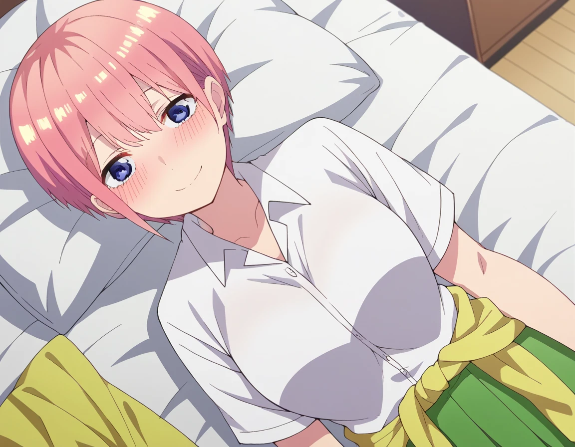 score_9, score_8_up, score_7_up, source_anime,
ichikanakano, <lora:ichika-nakano-s2-ponyxl-lora-nochekaiser:1>,
ichika nakano, short hair, bangs, blue eyes, hair between eyes, pink hair, pixie cut, smile, mature female,
skirt, shirt, school uniform, white shirt, short sleeves, pleated skirt, collared shirt, sweater, green skirt, clothes around waist,
indoors, bed, bed room, on side, blush, drunk,
looking at viewer, cowboy shot, solo, dutch angle,