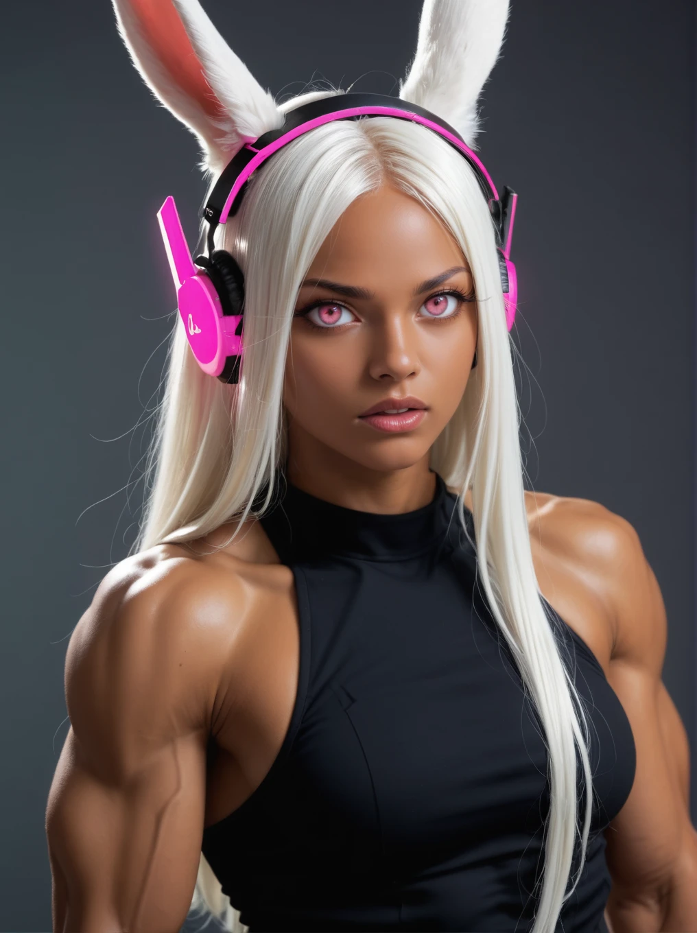 from side, 1girlrumi usagiyama, long hair, animal ears, white hair, dark skin, rabbit ears, dark-skinned female, muscular, rabbit girl, muscular female, parted bangs,expressionless,pink visor,glowing visor,headphones ,wire,standing , (empty eyes, pink eyes, no pupils), open mouth, anime screencap, (raw,score_8_up),photo, raw,realistic