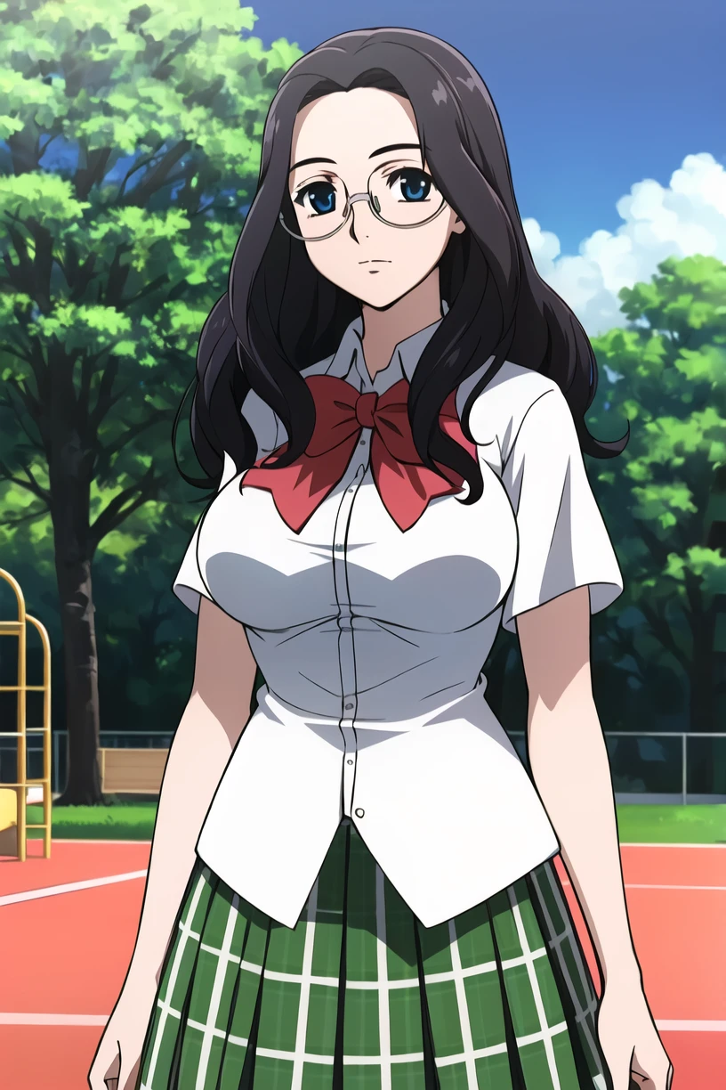 best quality,masterpiece,looking at viewer,1girl,absurdres,
depth of field,<lora:019-天ä¸å¤©ä¸-èèçé±¼V2:0.7>,kuzunoha mana,black hair,glasses,long hair,school uniform,plaid skirt,bow,skirt,large breasts,blue eyes,plaid,playground,runway,sun,sky,tree,