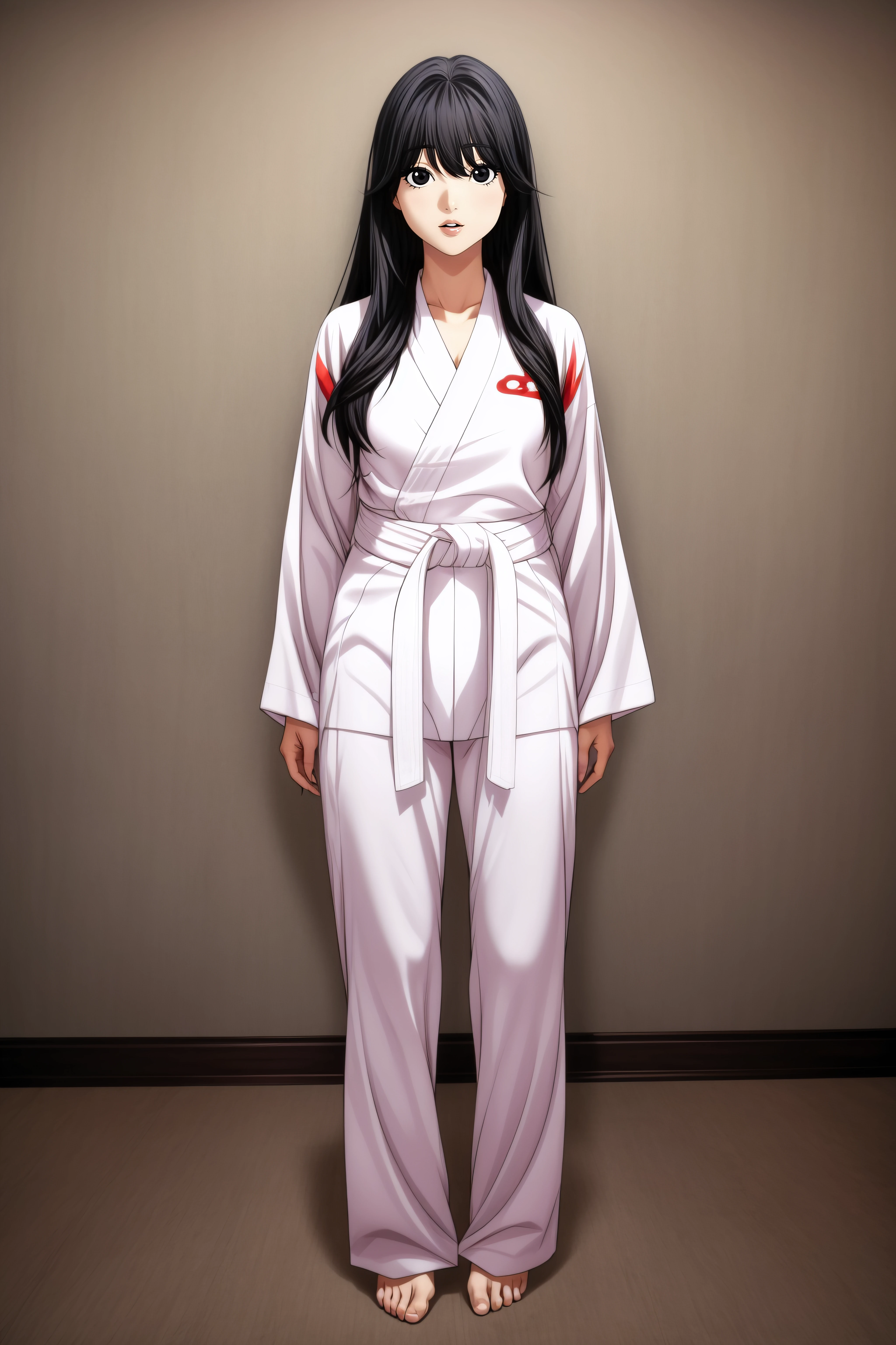 (masterpiece, best quality), <lora:kim sujin-lora-Faxtron:0.8> kim sujin, black eyes, black hair, long hair, medium breasts, white judogi, long sleeves, barefoot, standing, 
<lora:add_detail:0.8>