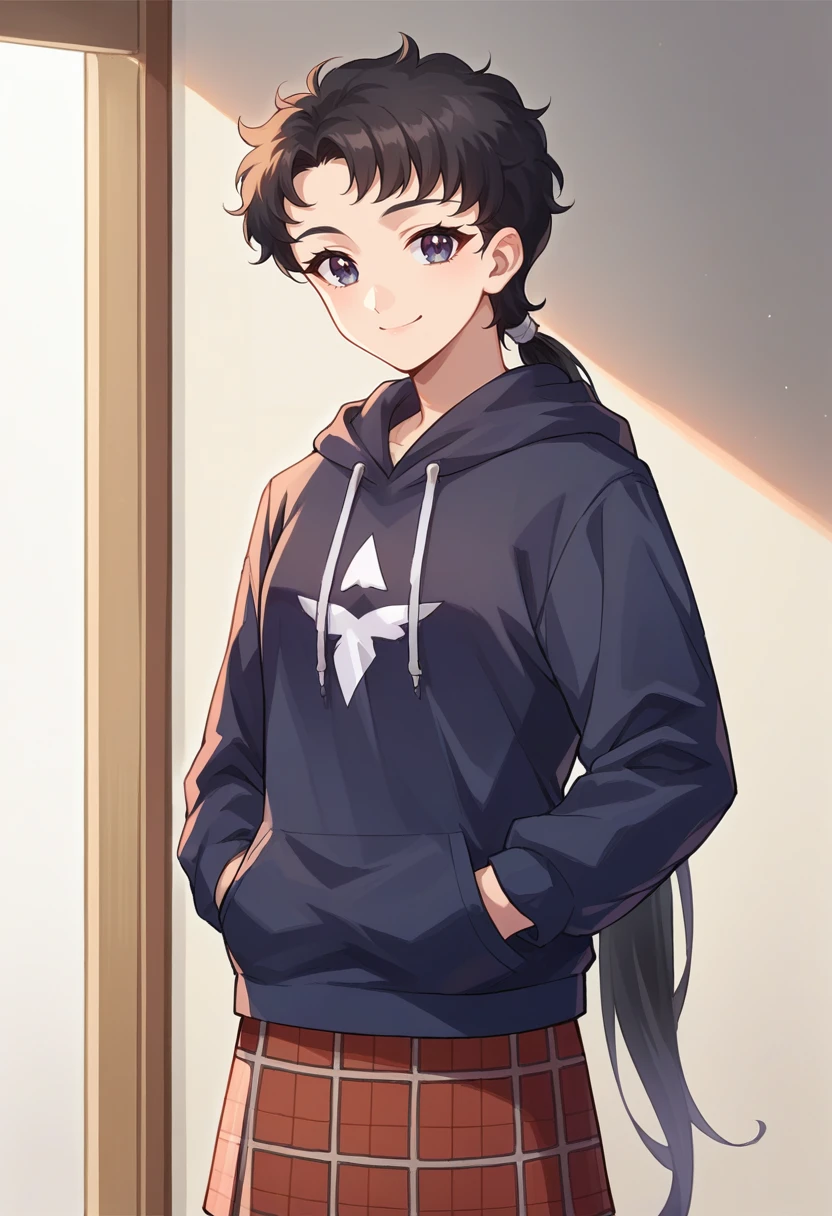 score_9, score_8_up, source_anime, 1girl, solo, SailorStarFighter, black hair, long hair, low ponytail, indoors, plaid skirt, hoodie, smile, hands in pockets, <lora:ChamSailorStarFighterPonyXL-000006:1>