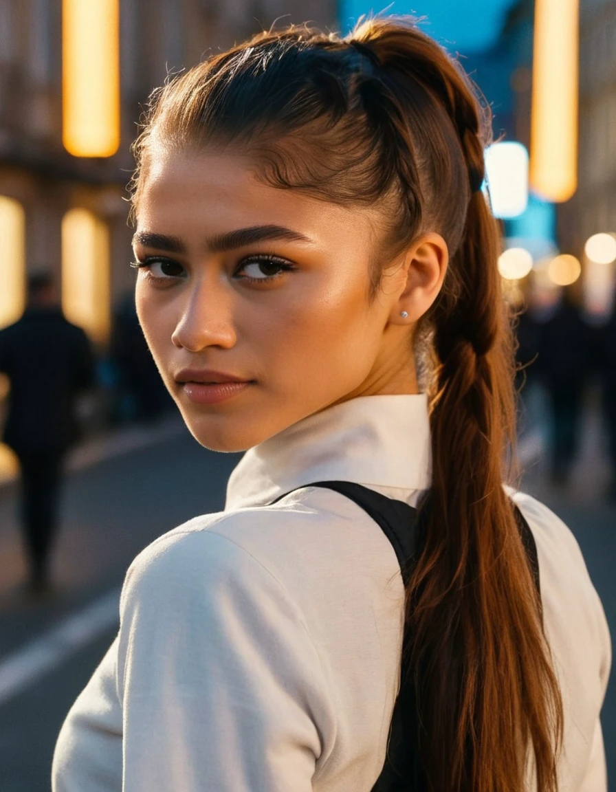 high resolution photo of znd woman,ponytail,close-up,street background,volumetric lighting,cinematic,masterpiece