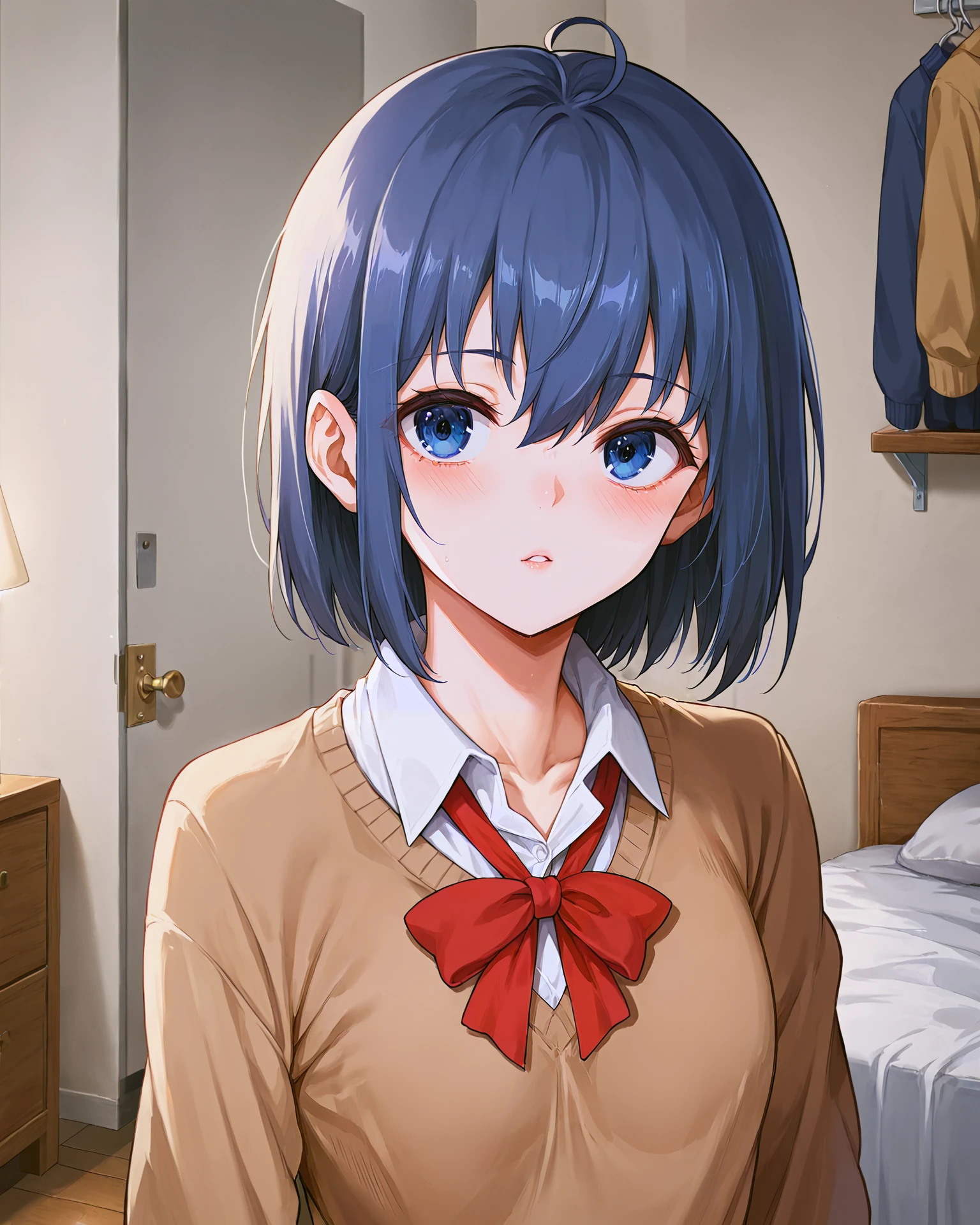<lora:HAnime_S_Kaede_XL:0.7> kaede, blue eyes, blue hair, hair between eyes, bangs, ahoge, short hair, ribbon, neck ribbon, red ribbon, school uniform, shirt, white shirt, collared shirt, sweater, brown sweater, long sleeves,upper body, looking at viewer,, <lora:9_Detail_Tweaker_XL:0.8>, score_9, score_8_up, score_7_up, source_anime, masterpiece, best quality, highly detailed background, cinematic lighting, detailed eyes, perfect face,, lazy, teenager room, messy, bedroom, bed sheet, closet,