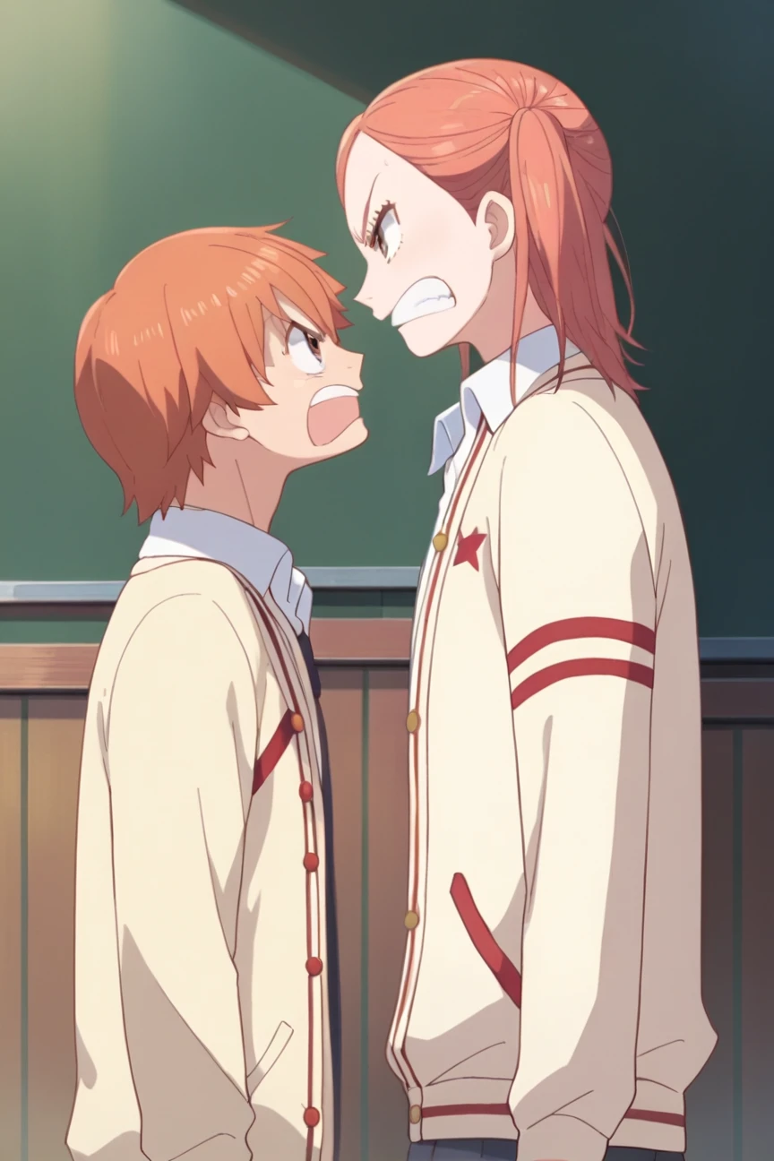 score_9, score_8_up, score_7_up, source_anime, Risa Koizumi, ginger hair, very tall, school girl, stylish,brown eyes, big eyes, school uniform,<lora:Risa_Koizumi_SDXL:1>, standing, look on each other, angry, mem face, 1boy, from side, background class room, best quality, masterpiece